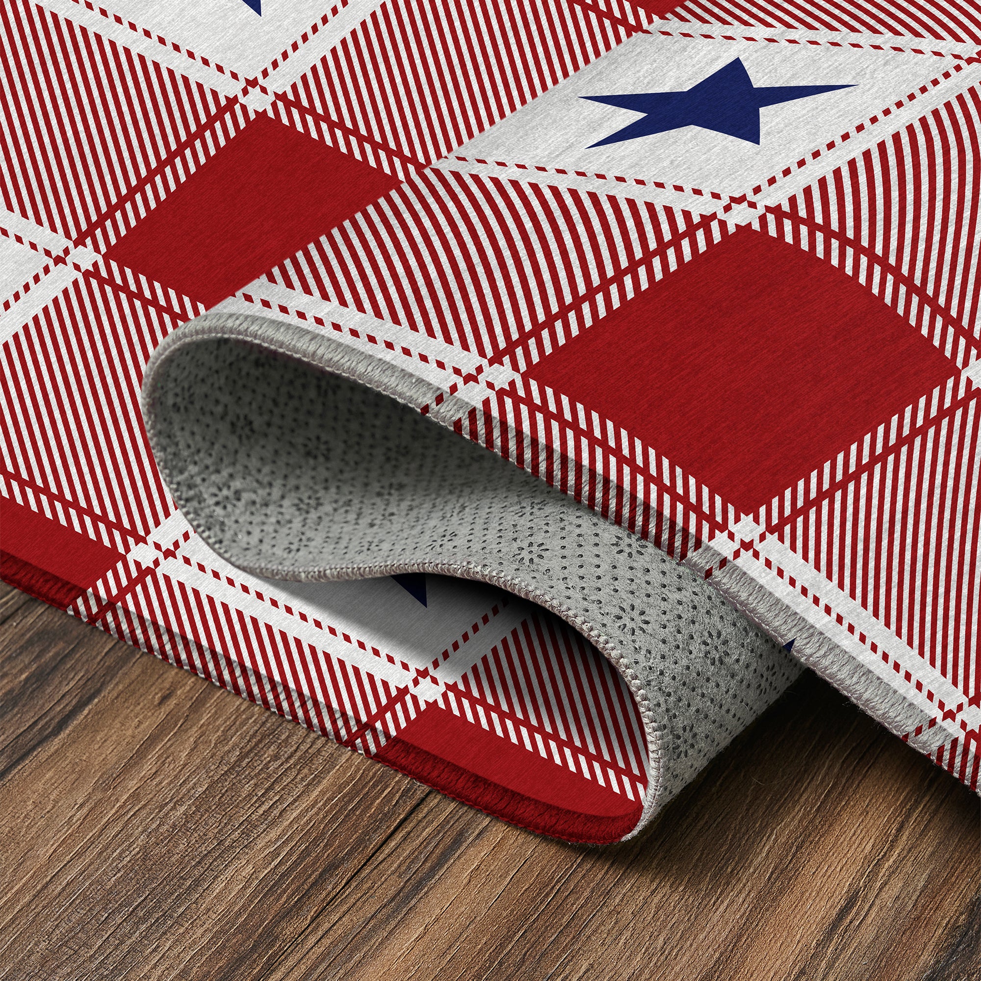Machine washable buffalo plaid stars rug in red white and blue patriotic farmhouse design runner and area rug for kitchen entryway and living room