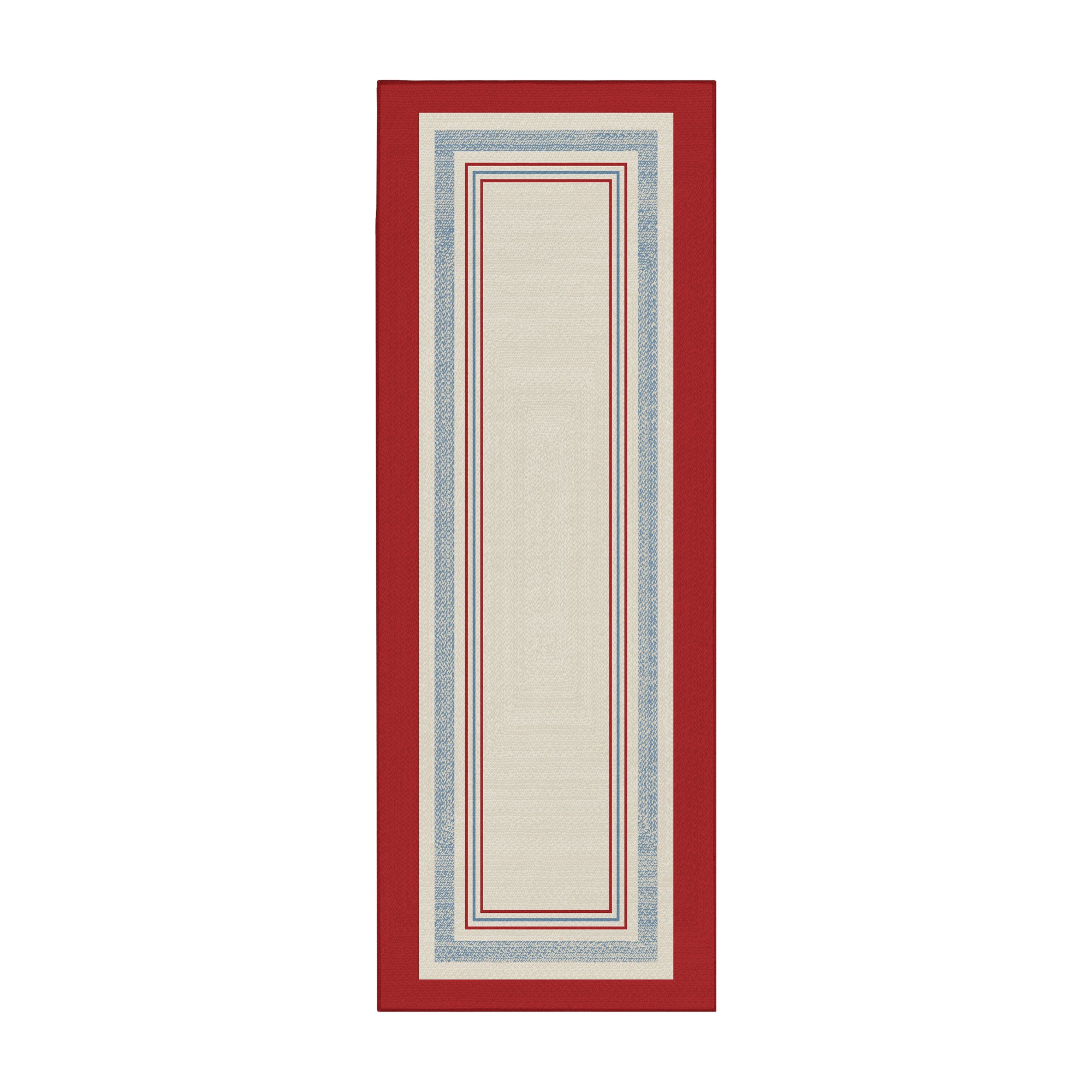 Kennedy bordered washable area rug with red and blue stripe frame on ivory base designed for living rooms, bedrooms, and hallways with non slip backing.