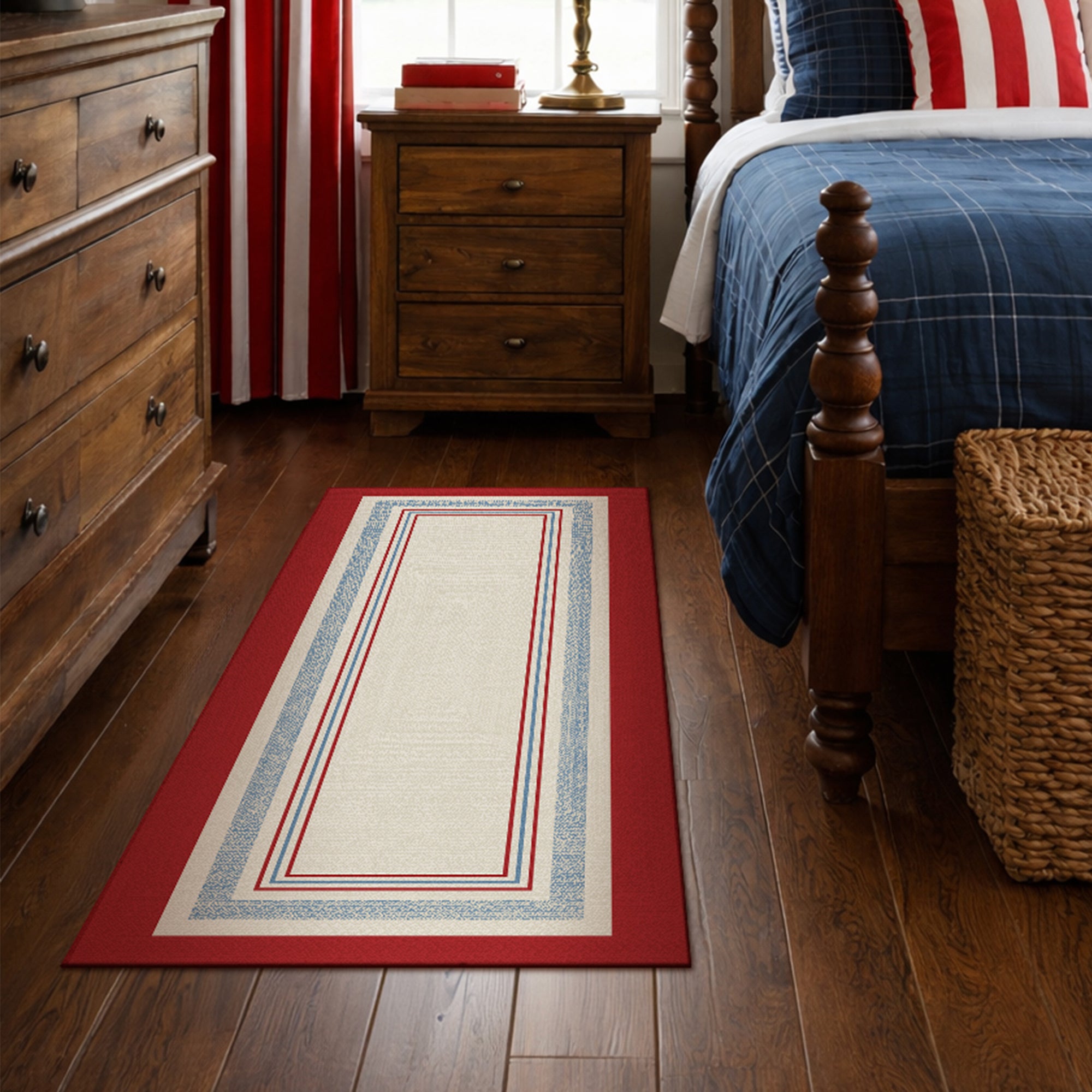 Kennedy bordered washable area rug with red and blue stripe frame on ivory base designed for living rooms, bedrooms, and hallways with non slip backing.