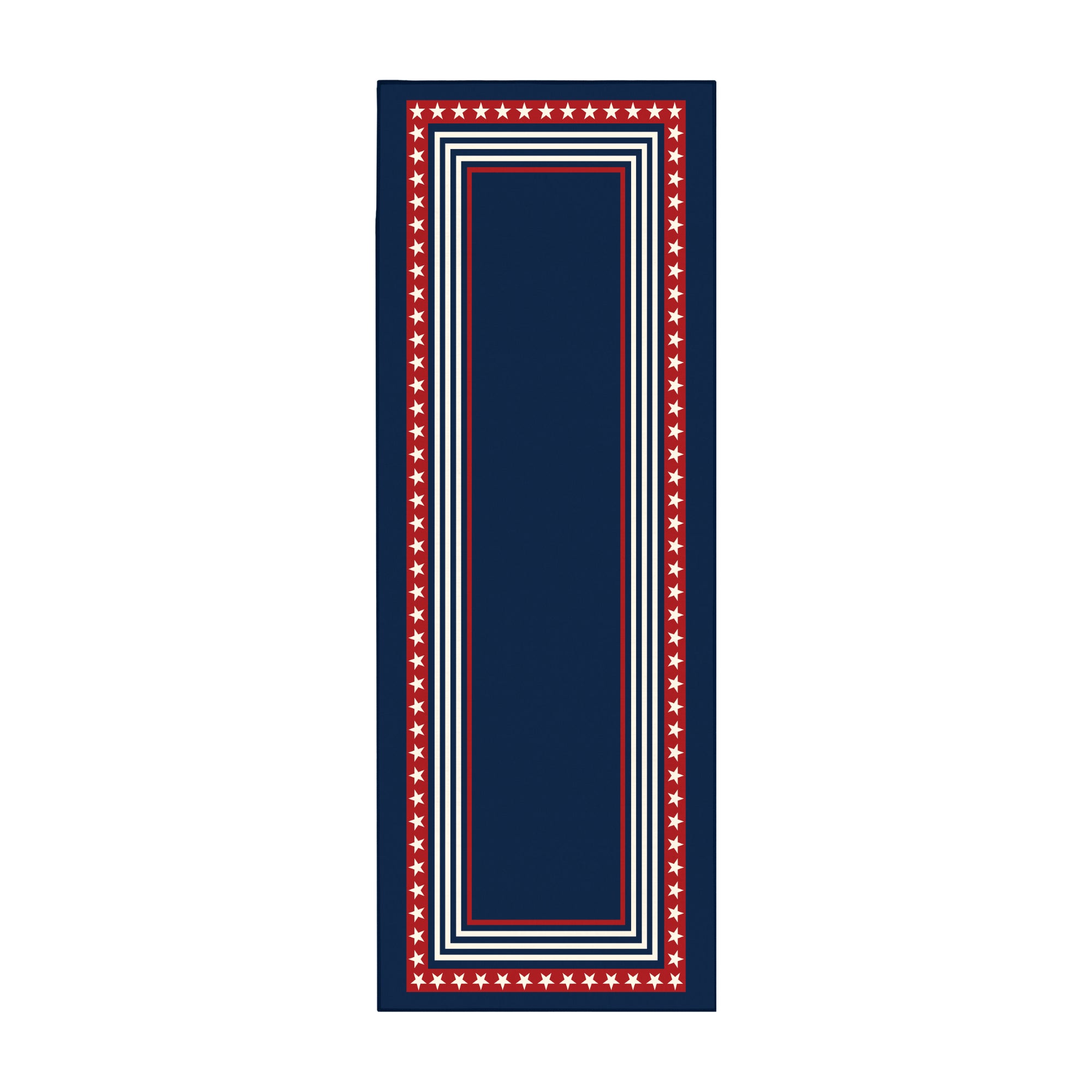 Freedom stars and stripes washable rug with navy center, red star border, and layered stripe frame designed for patriotic decor in living rooms, bedrooms, and hallways.