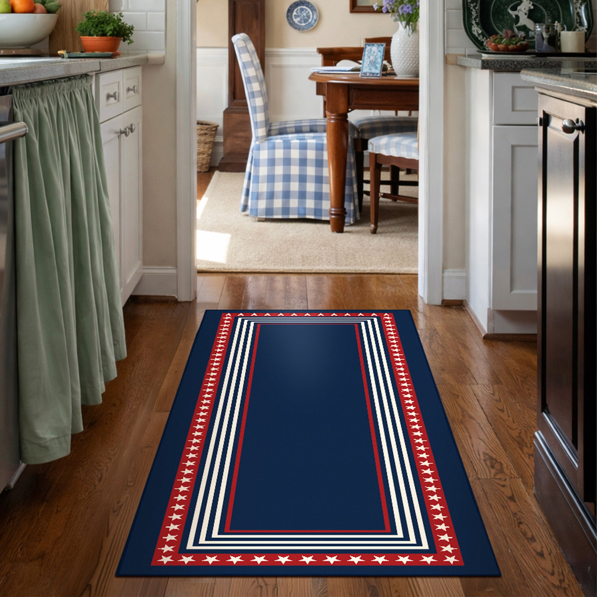 Freedom stars and stripes washable rug with navy center, red star border, and layered stripe frame designed for patriotic decor in living rooms, bedrooms, and hallways.