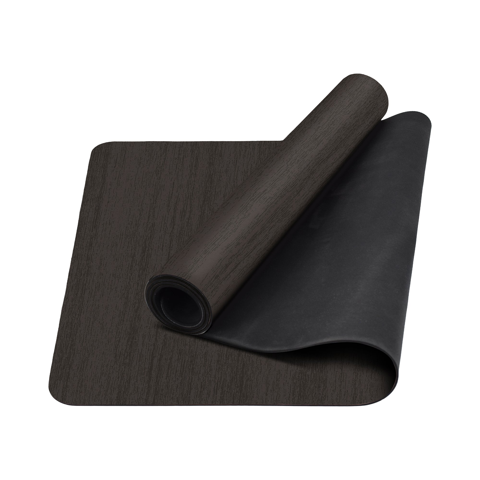 Solid dark grey anti-fatigue kitchen mat with textured surface shown flat and rolled with non-slip backing