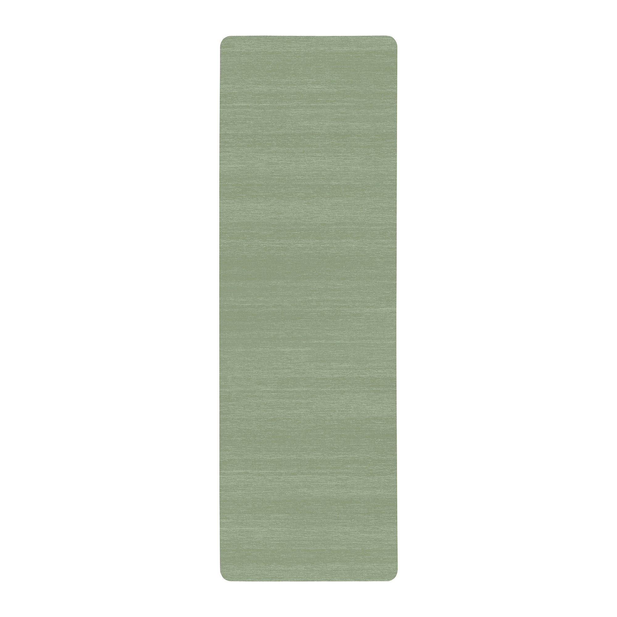 Solid sea moss green anti-fatigue kitchen mat with textured surface shown flat and rolled with non-slip backing