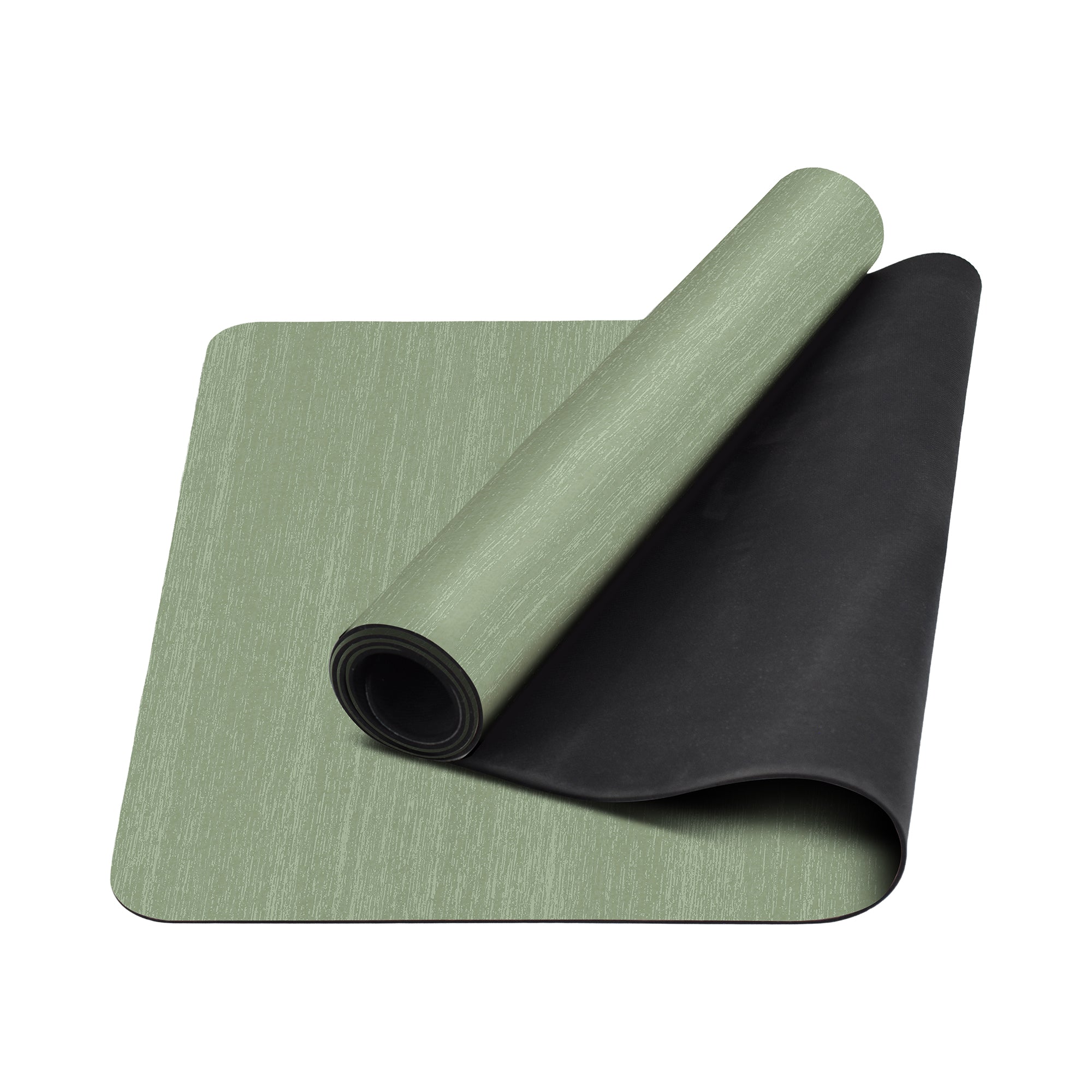 Solid sea moss green anti-fatigue kitchen mat with textured surface shown flat and rolled with non-slip backing