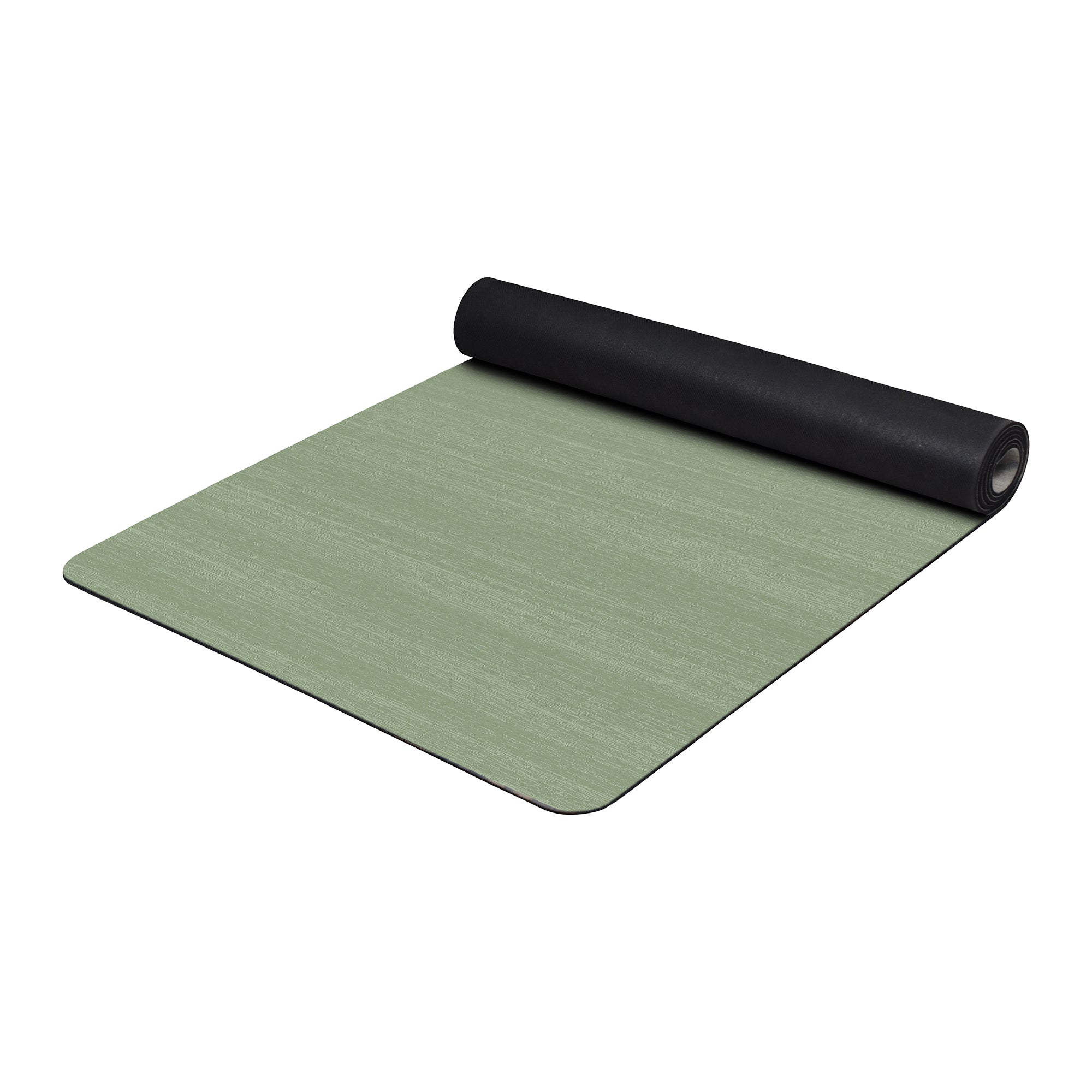 Solid sea moss green anti-fatigue kitchen mat with textured surface shown flat and rolled with non-slip backing
