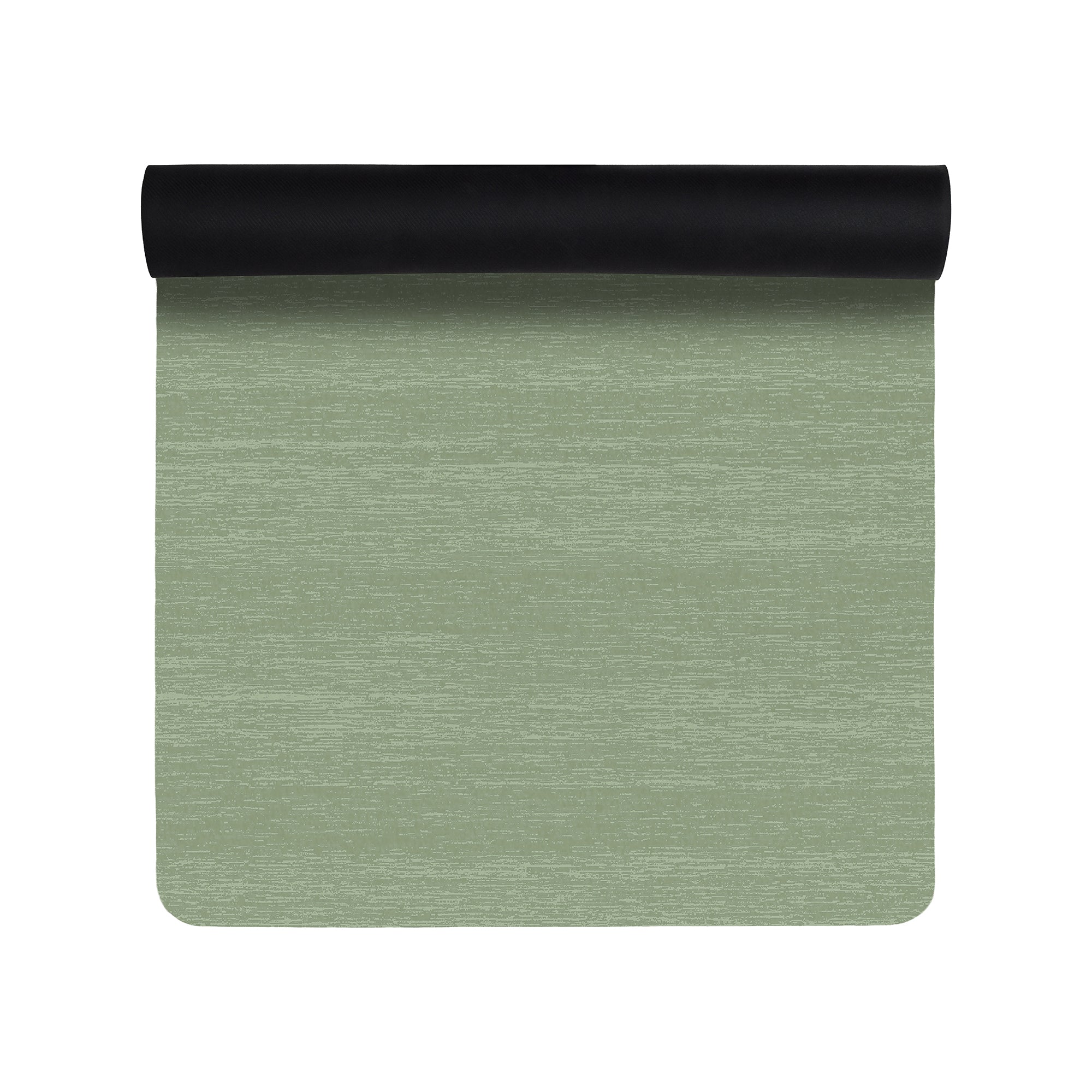 Solid sea moss green anti-fatigue kitchen mat with textured surface shown flat and rolled with non-slip backing
