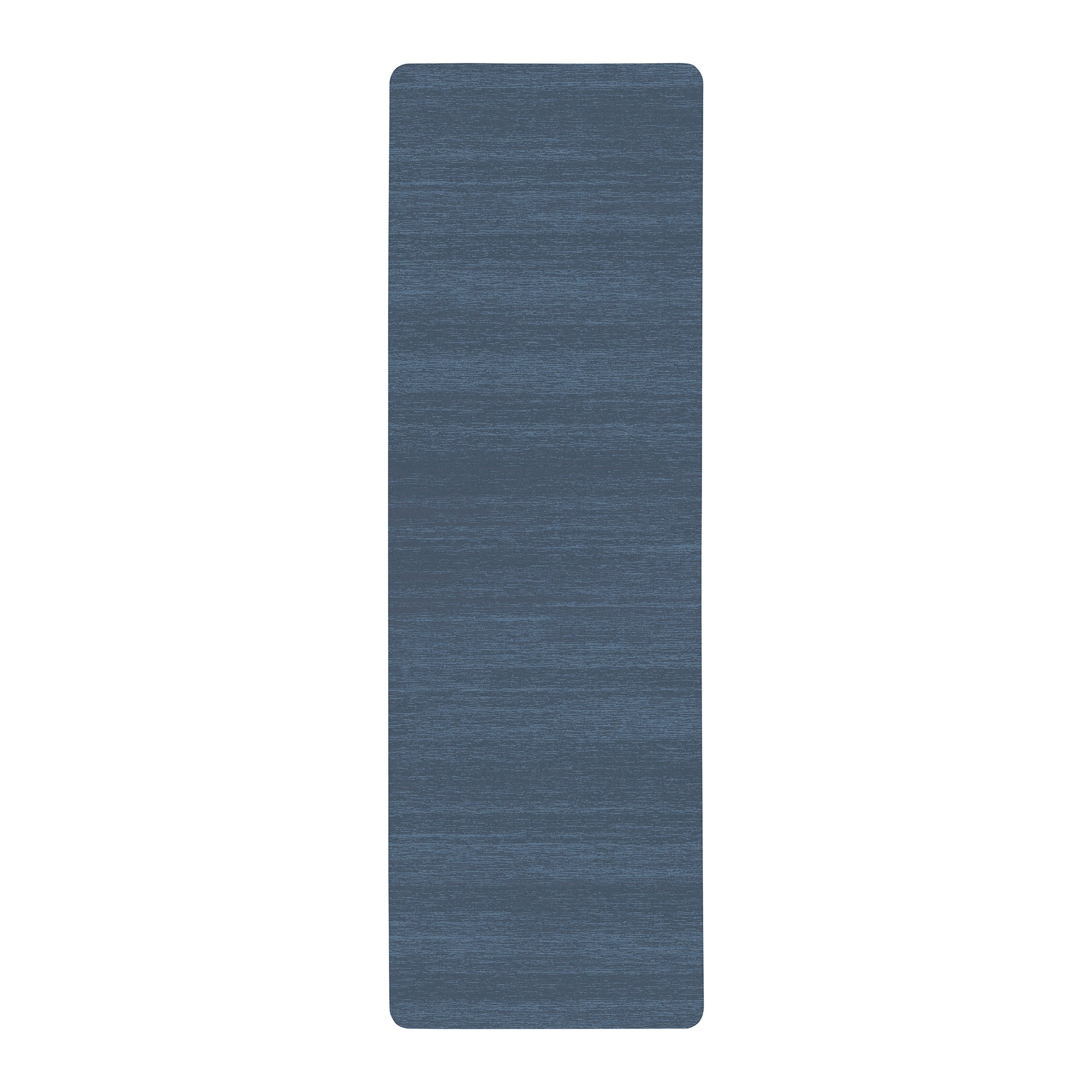 Solid denim blue anti-fatigue kitchen mat with textured surface shown flat and rolled with non-slip backing