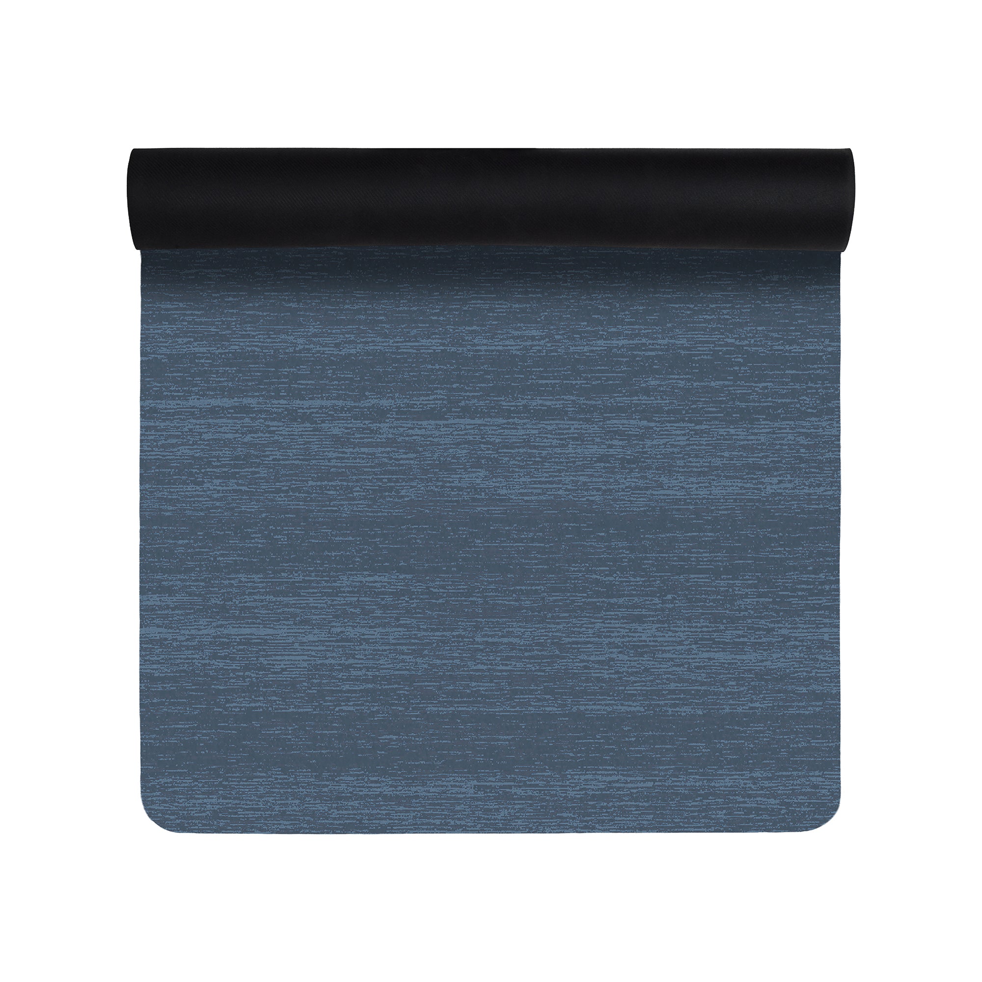 Solid denim blue anti-fatigue kitchen mat with textured surface shown flat and rolled with non-slip backing