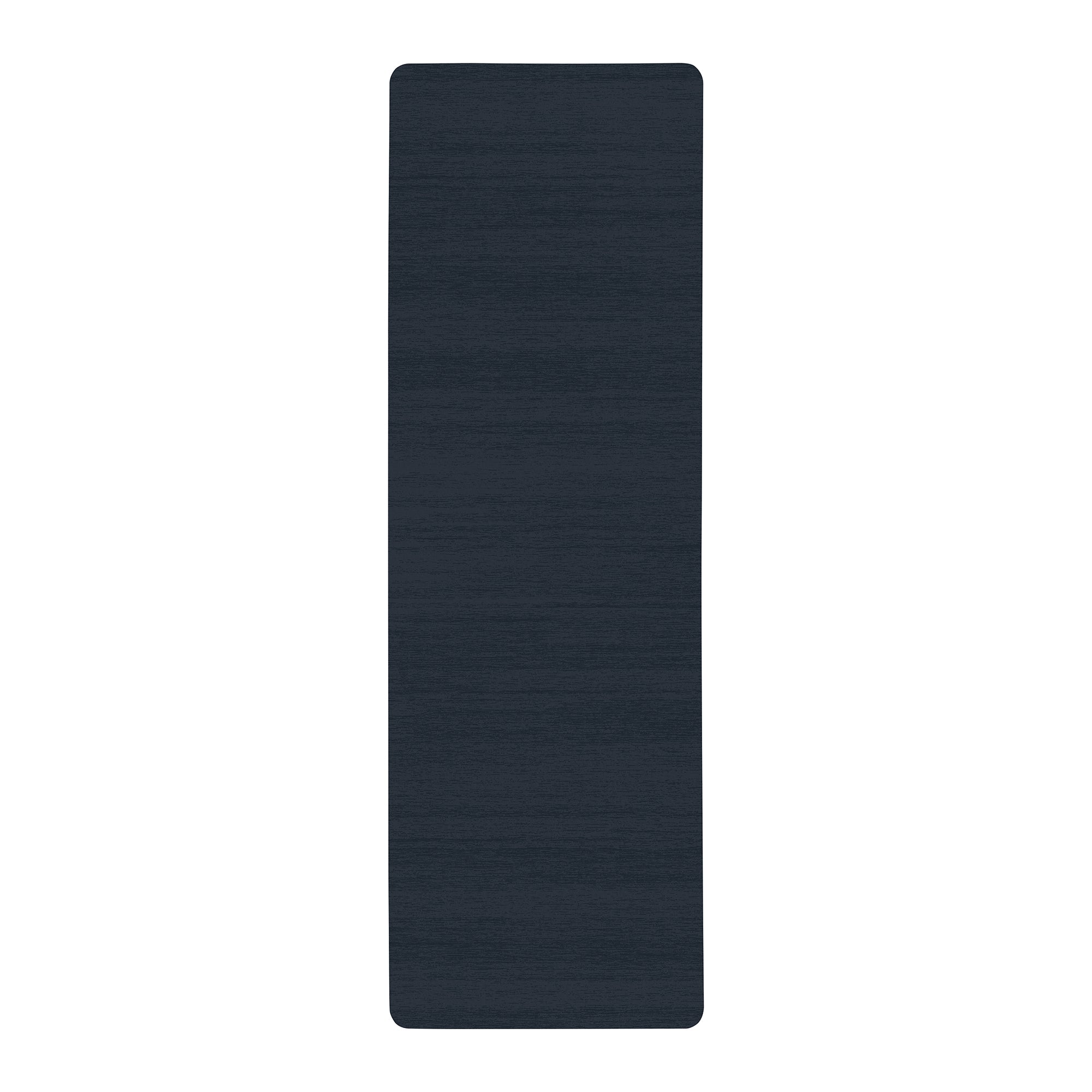 Solid navy blue anti-fatigue kitchen mat with textured surface shown flat and rolled with non-slip backing