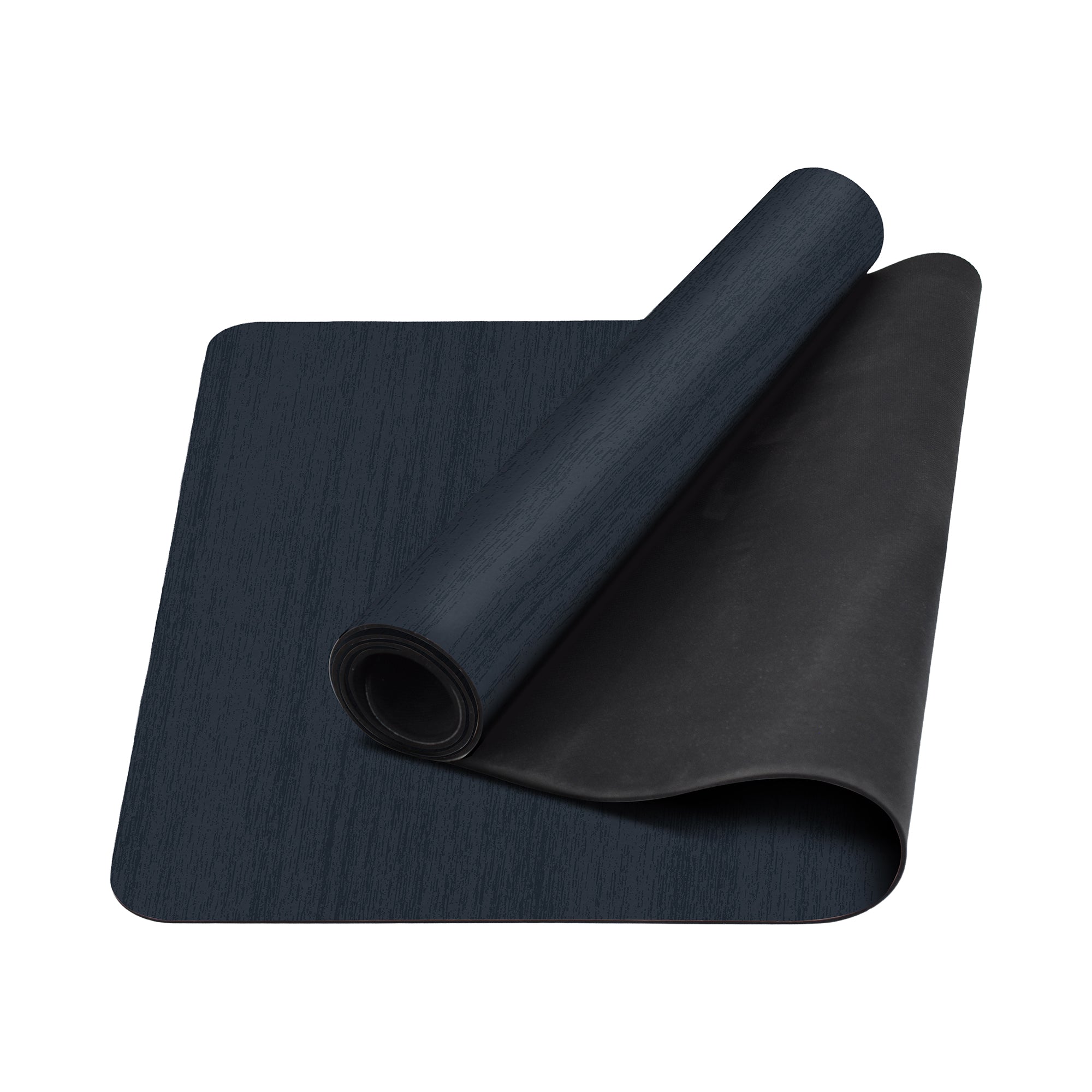 Solid navy blue anti-fatigue kitchen mat with textured surface shown flat and rolled with non-slip backing