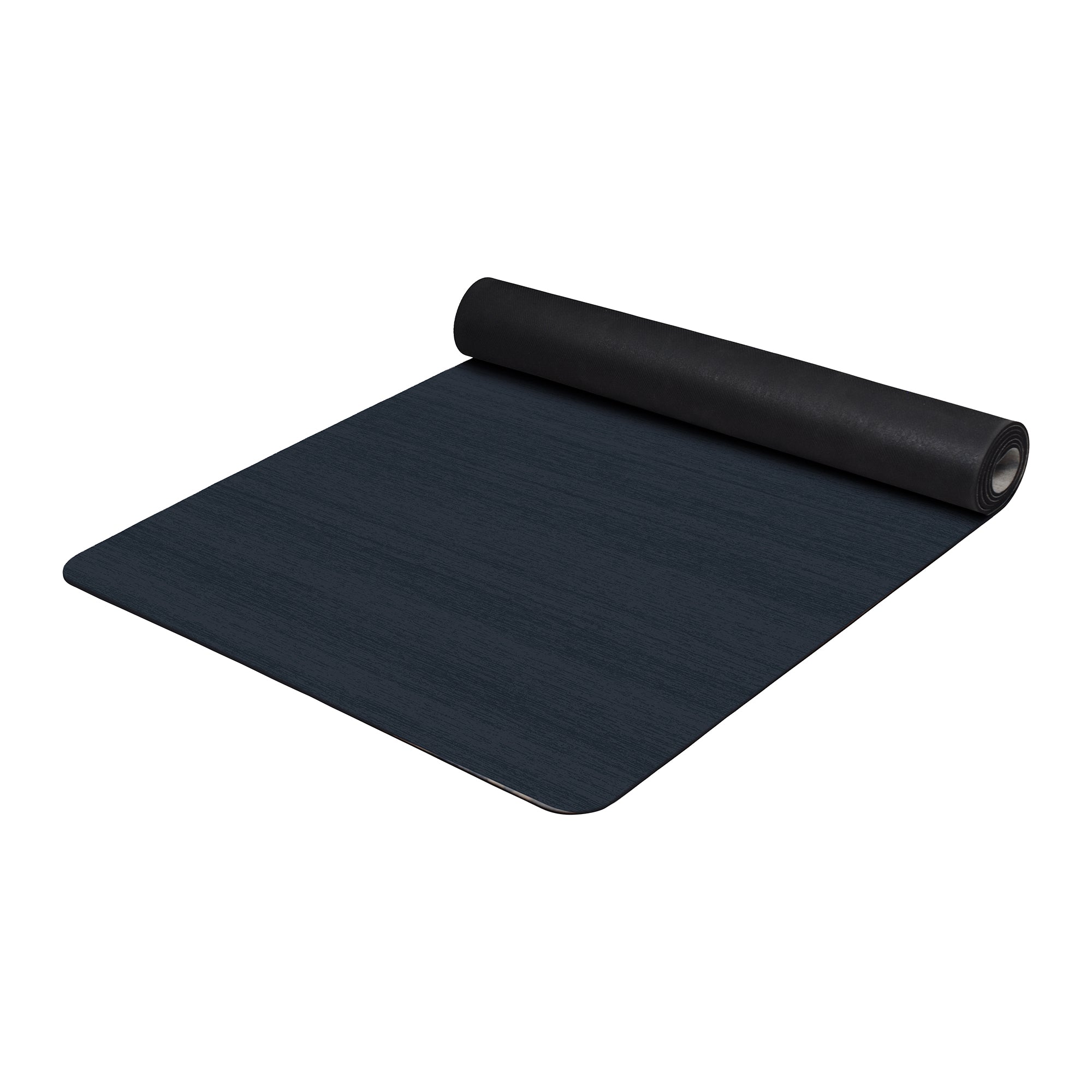Solid navy blue anti-fatigue kitchen mat with textured surface shown flat and rolled with non-slip backing