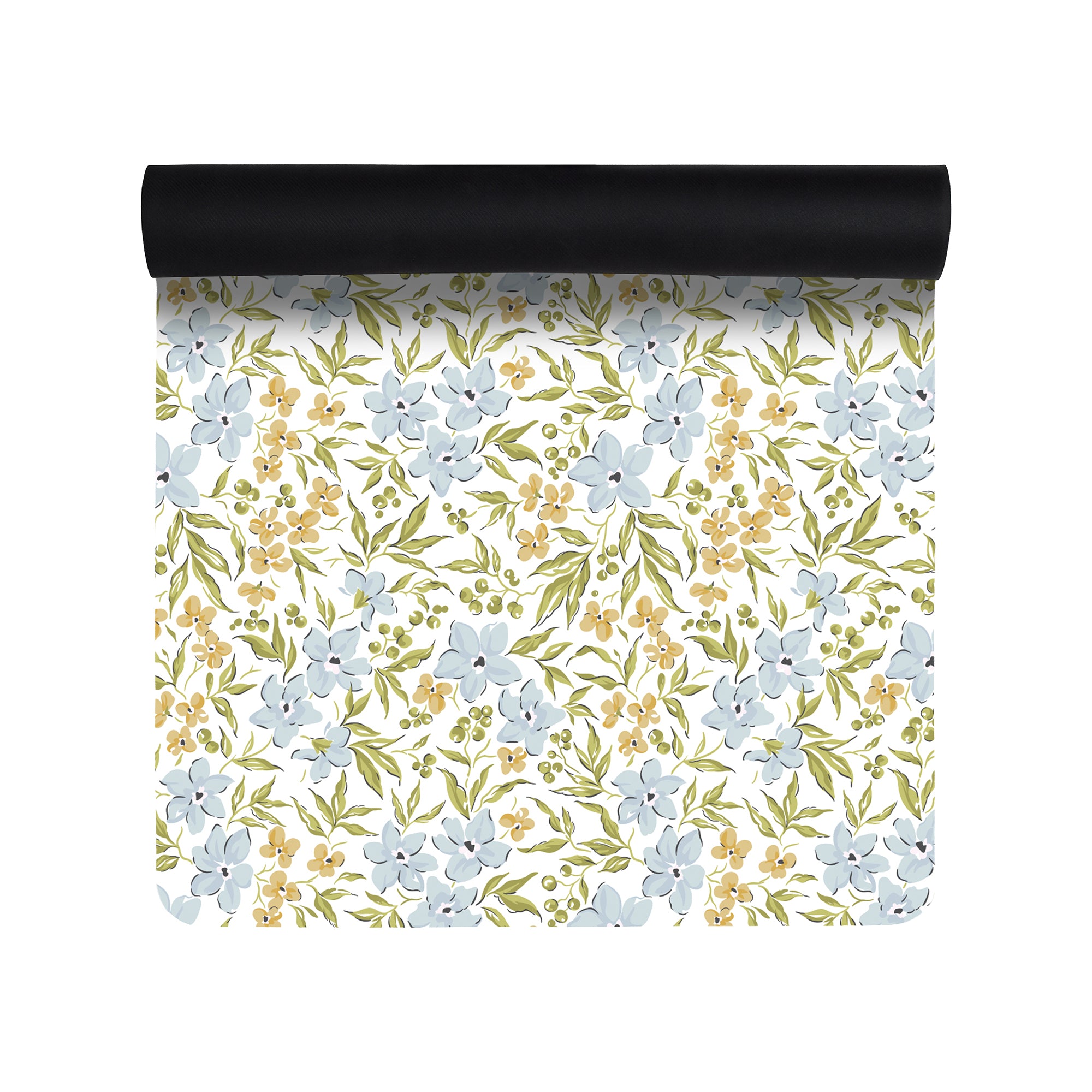 Blue floral anti-fatigue kitchen mat with soft botanical pattern shown flat and rolled with non-slip backing