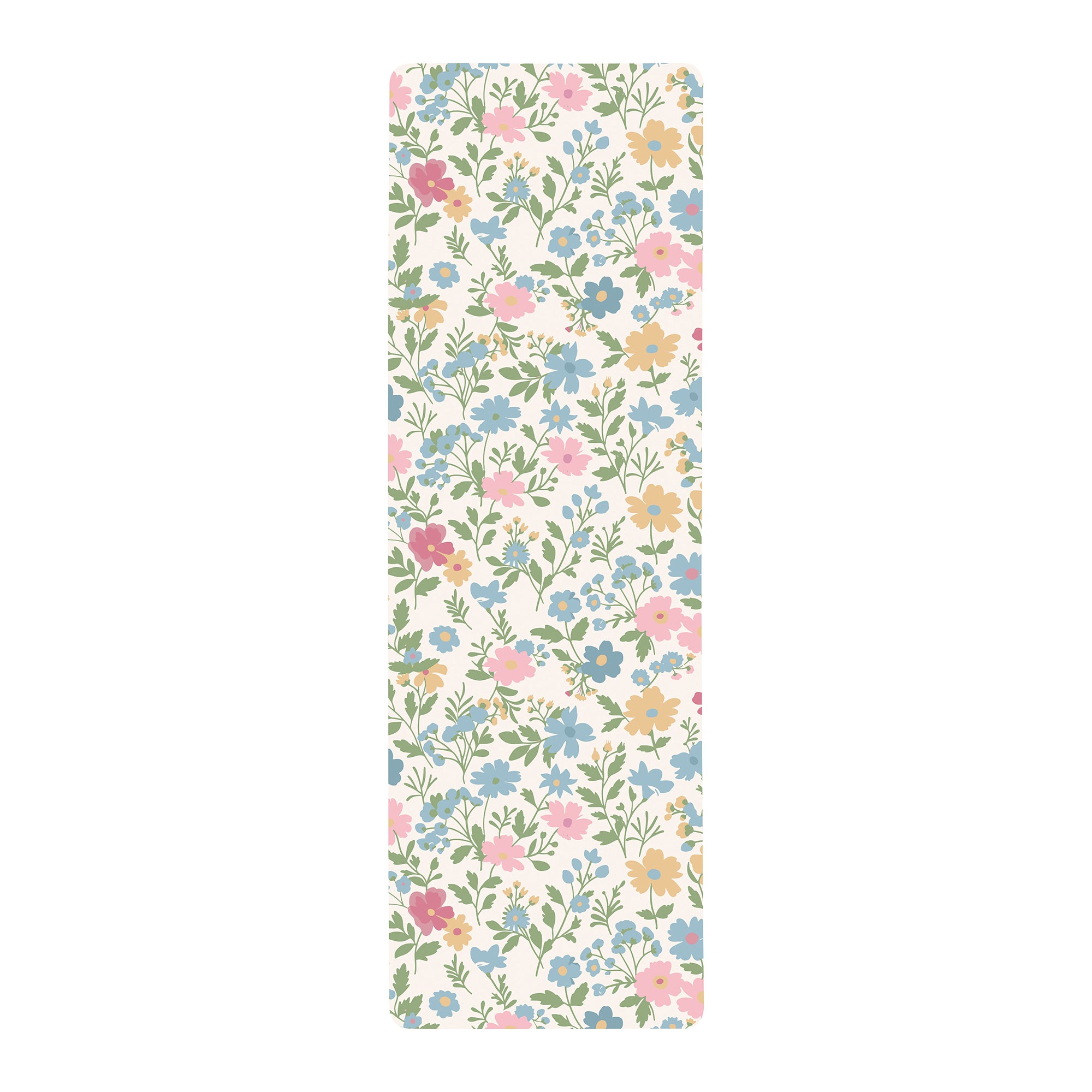 Floral anti-fatigue kitchen mat with pastel flowers on cream background shown flat and rolled with non-slip backing