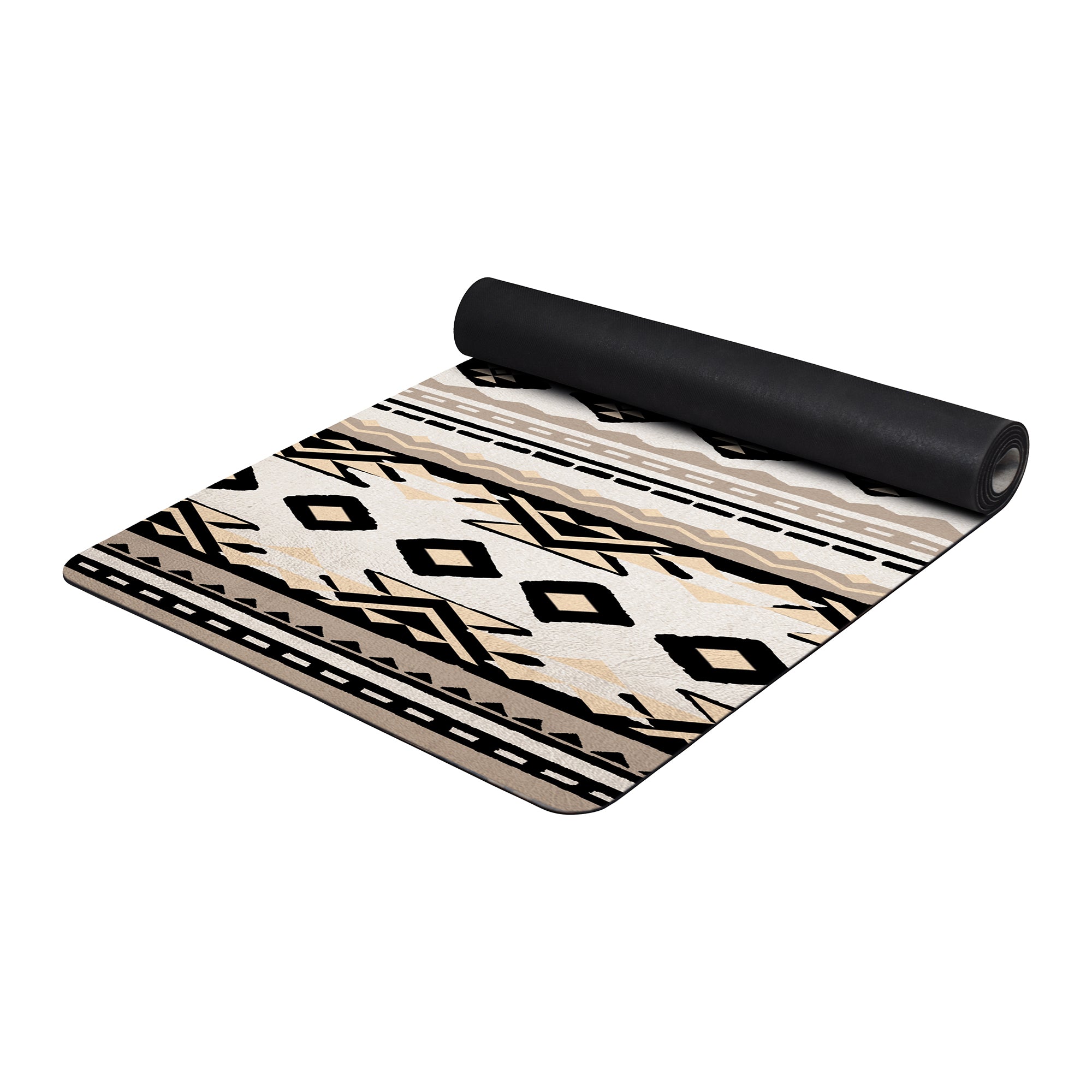 Beige tribal anti-fatigue kitchen mat with geometric southwestern pattern shown flat and rolled with non-slip backing