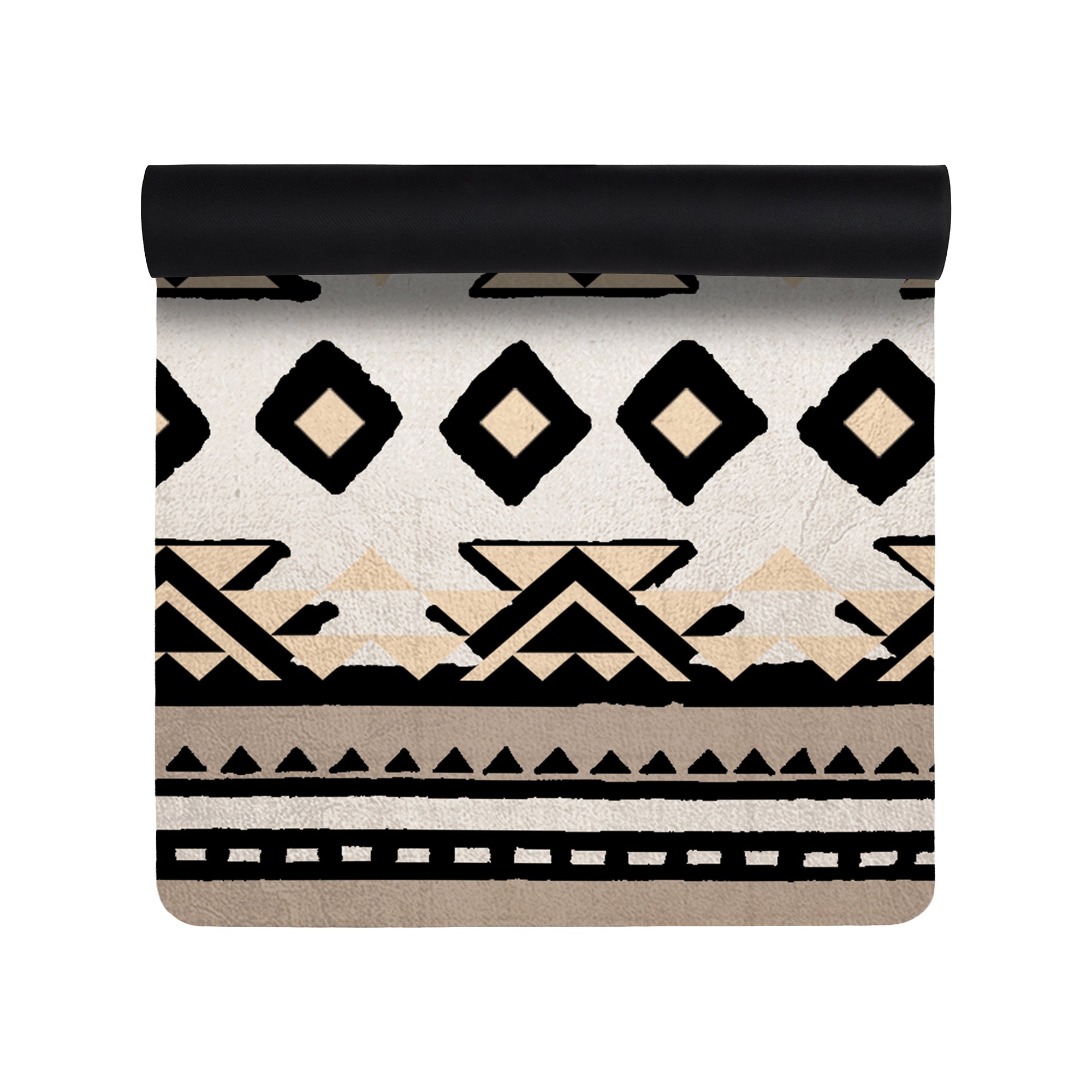 Beige tribal anti-fatigue kitchen mat with geometric southwestern pattern shown flat and rolled with non-slip backing
