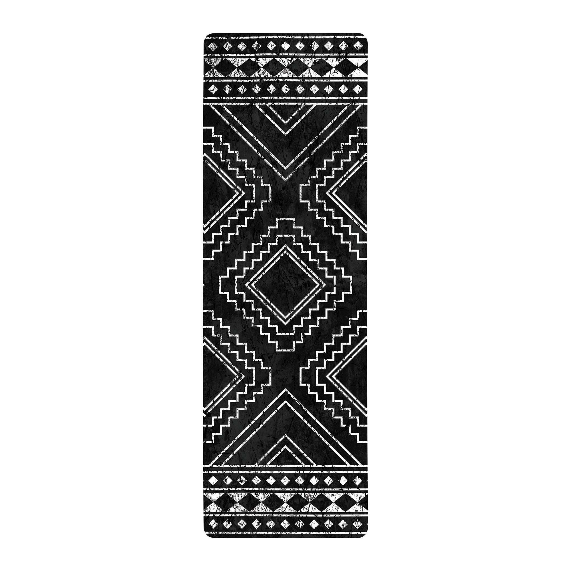 Black tribal triangle anti-fatigue yoga mat with geometric pattern shown flat and rolled with non-slip backing
