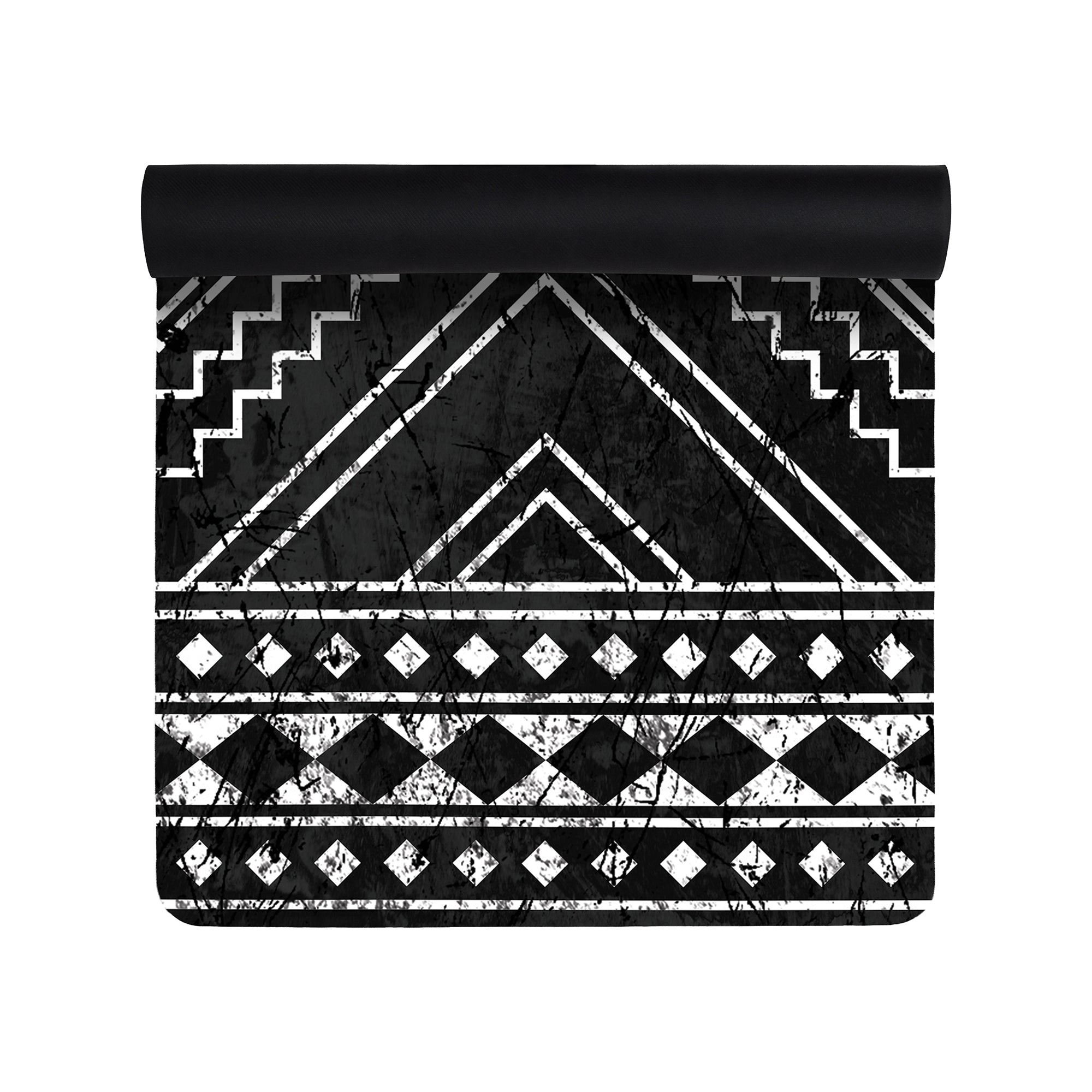 Black tribal triangle anti-fatigue yoga mat with geometric pattern shown flat and rolled with non-slip backing