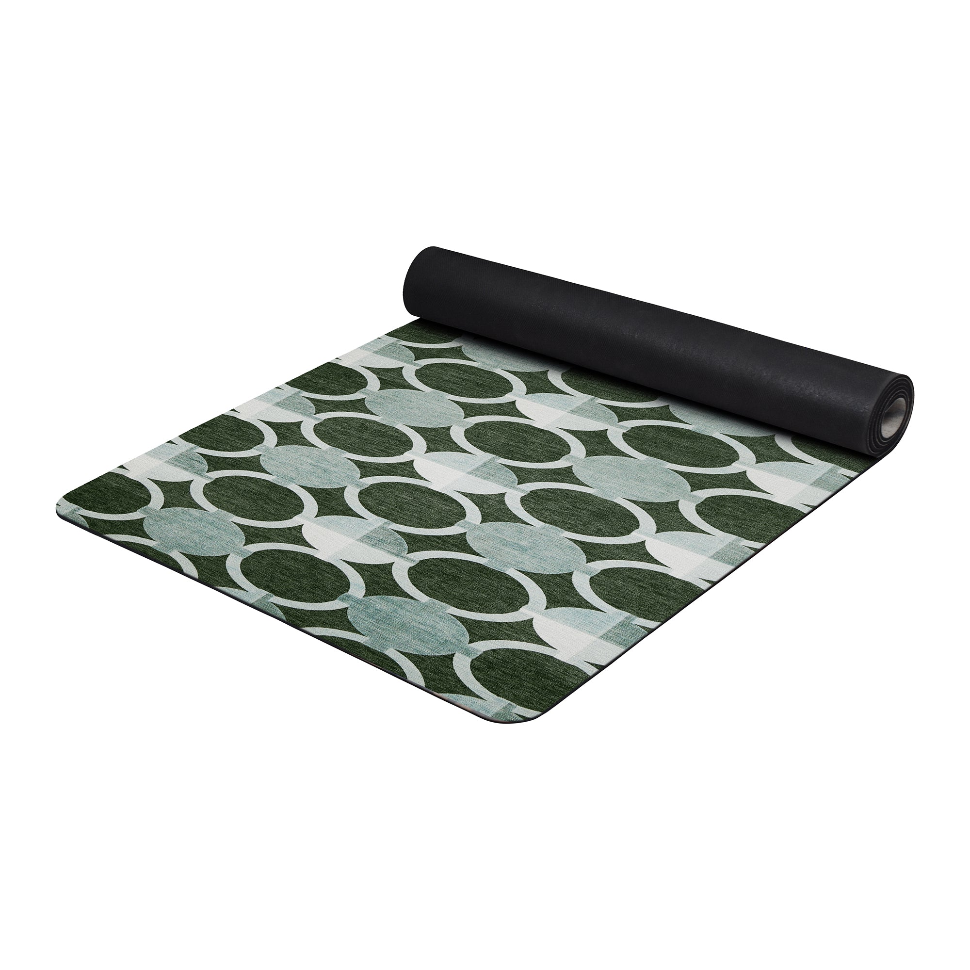 Dark sage green geometric circle anti-fatigue yoga mat shown flat and rolled with non-slip backing