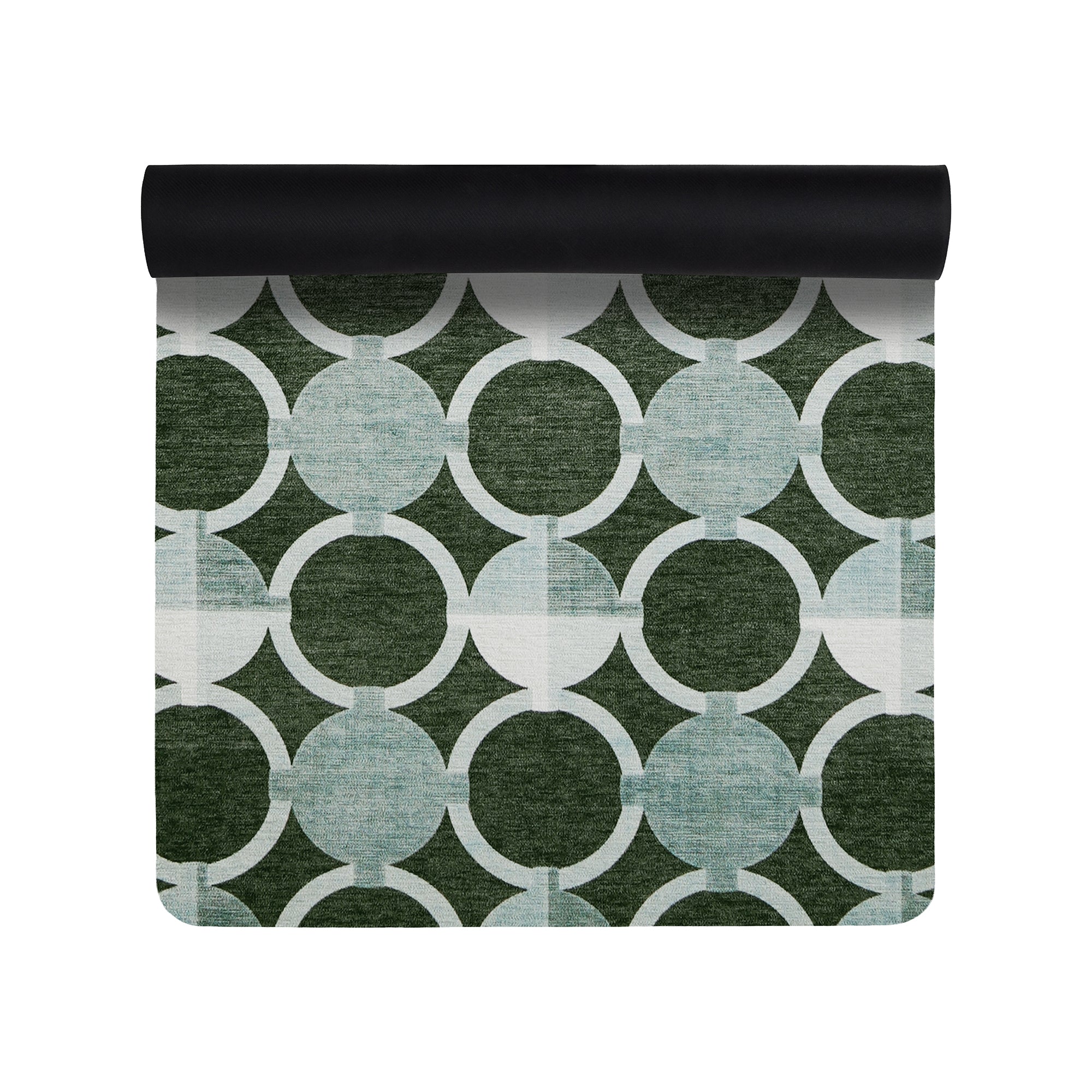 Dark sage green geometric circle anti-fatigue yoga mat shown flat and rolled with non-slip backing