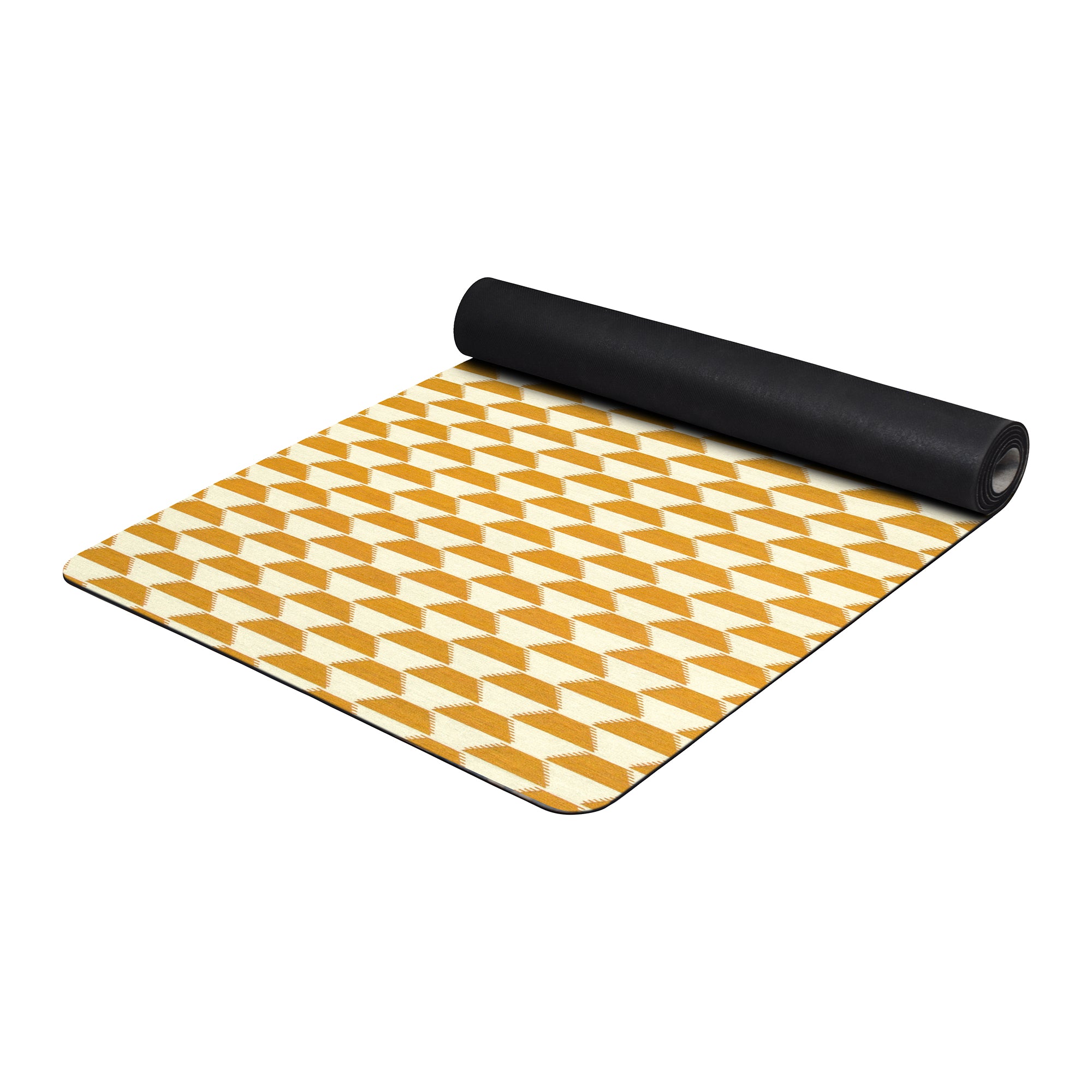 Yellow gold geometric triangle anti-fatigue yoga mat shown flat and rolled with non-slip backing