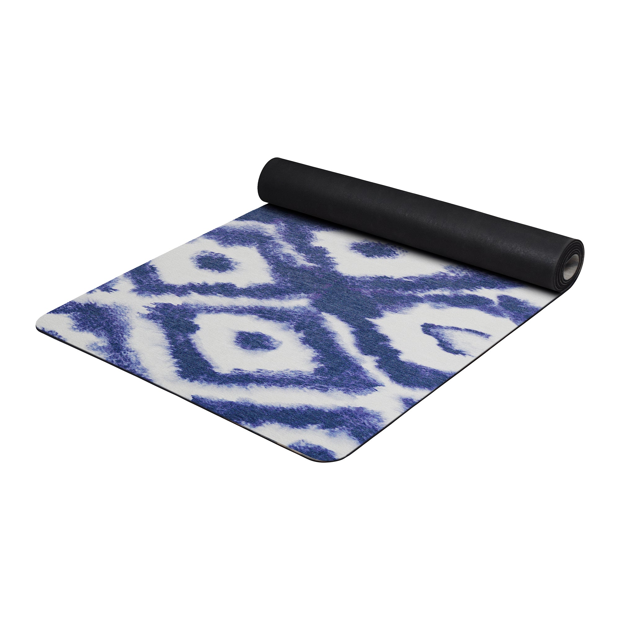 Blue shibori geometric diamond anti-fatigue yoga mat shown flat and rolled with non-slip backing