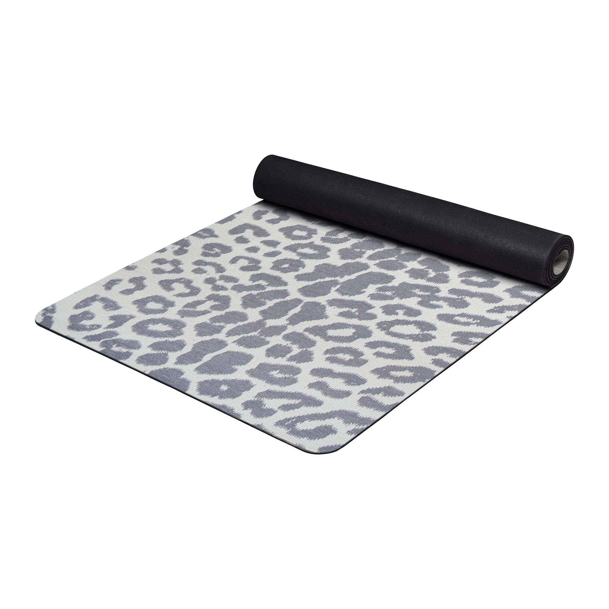 Grey leopard print anti-fatigue yoga mat shown flat and rolled with non-slip backing