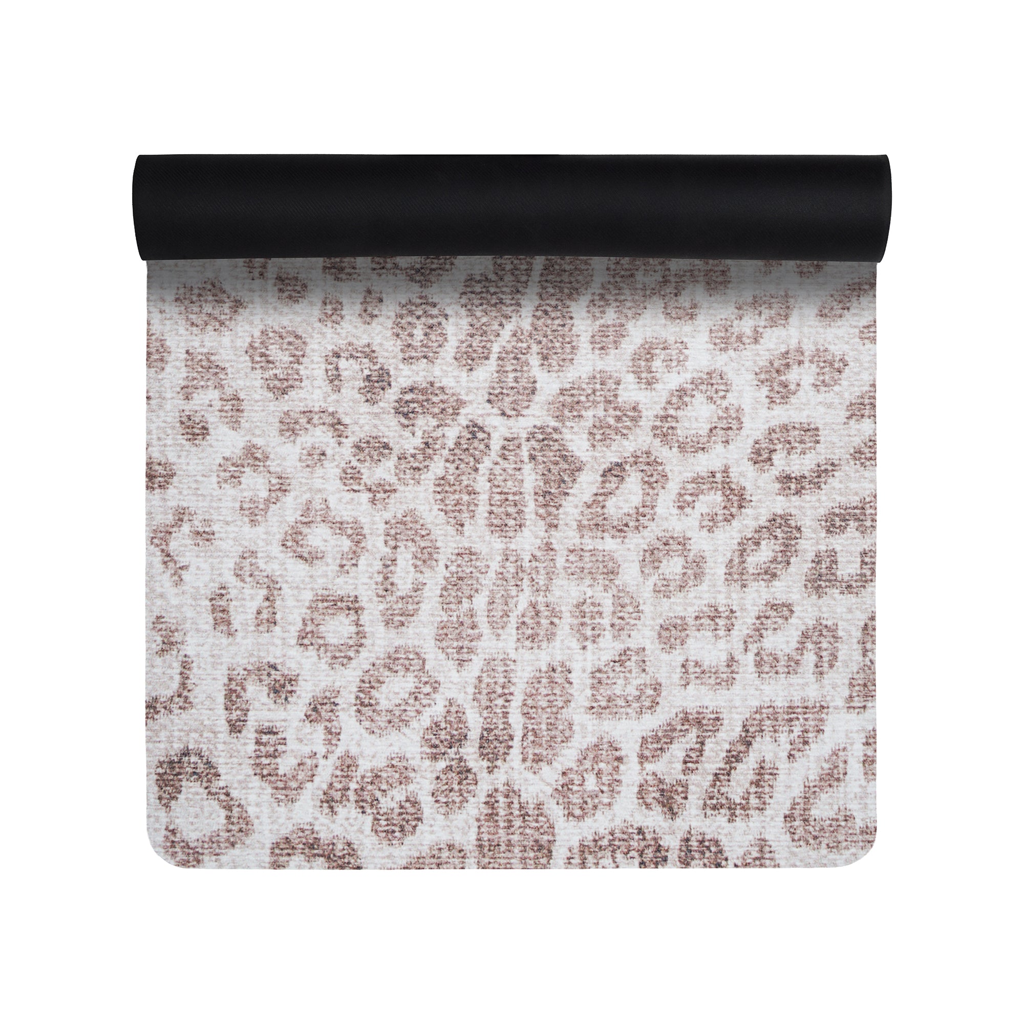 Brown leopard print yoga mat with anti-fatigue cushioning shown rolled and flat