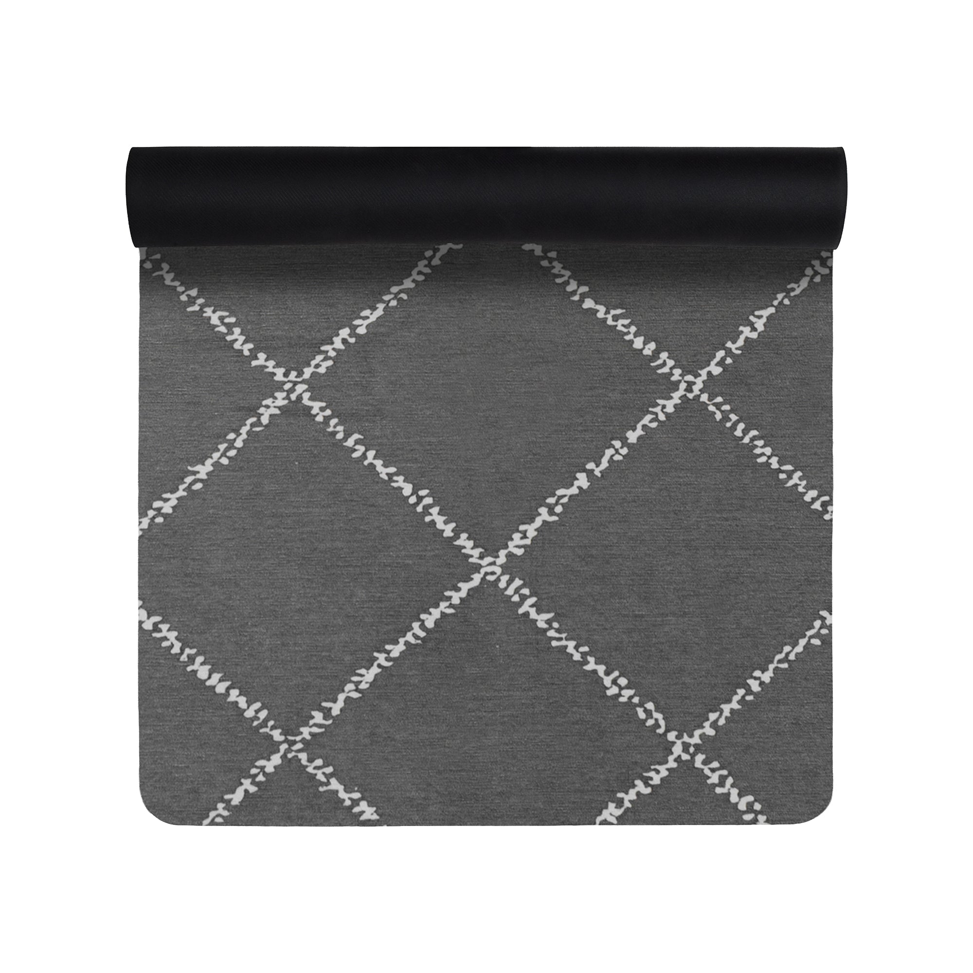 Grey Moroccan diamond yoga mat with white geometric pattern shown rolled and flat