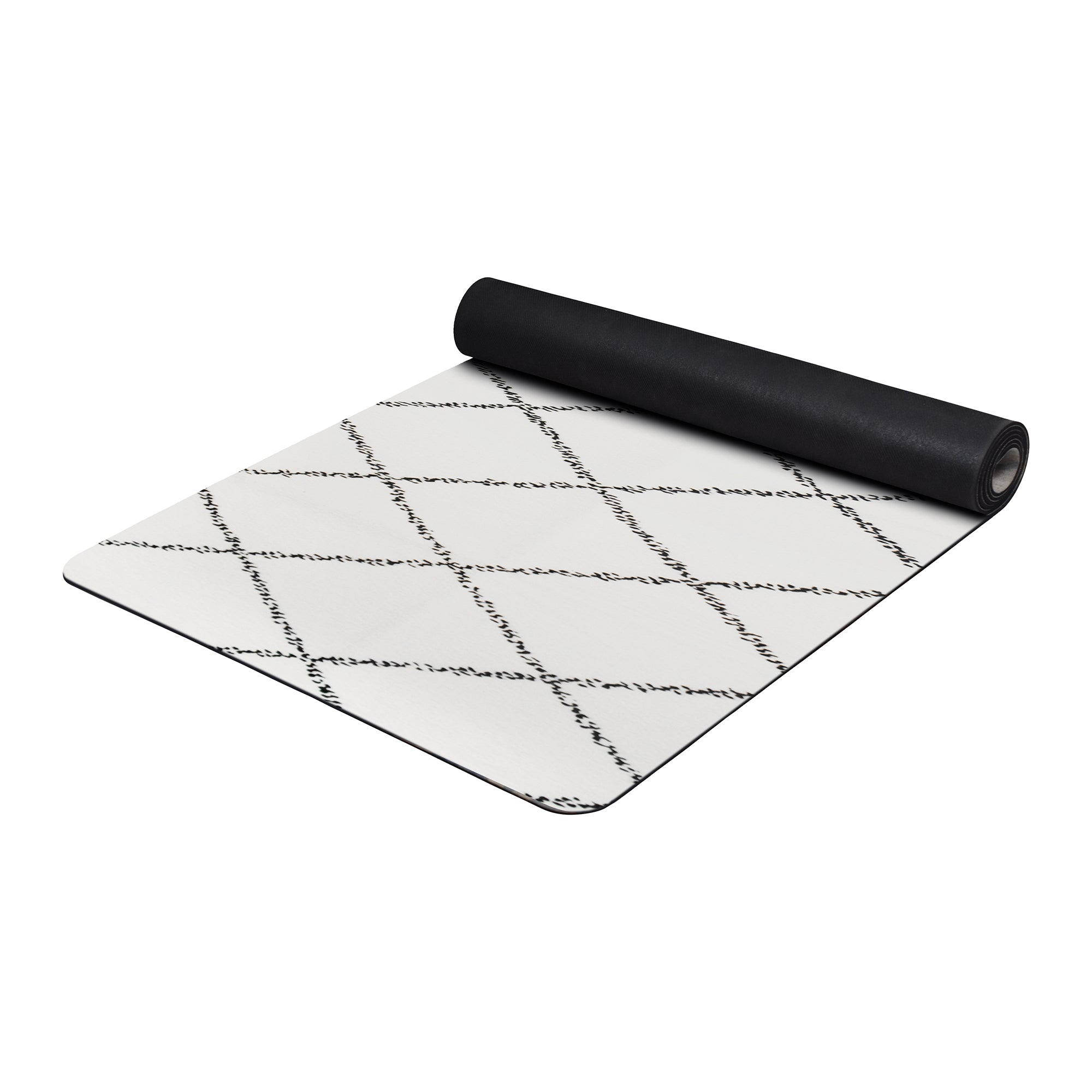 Ivory Moroccan diamond yoga mat with white geometric pattern shown rolled and flat