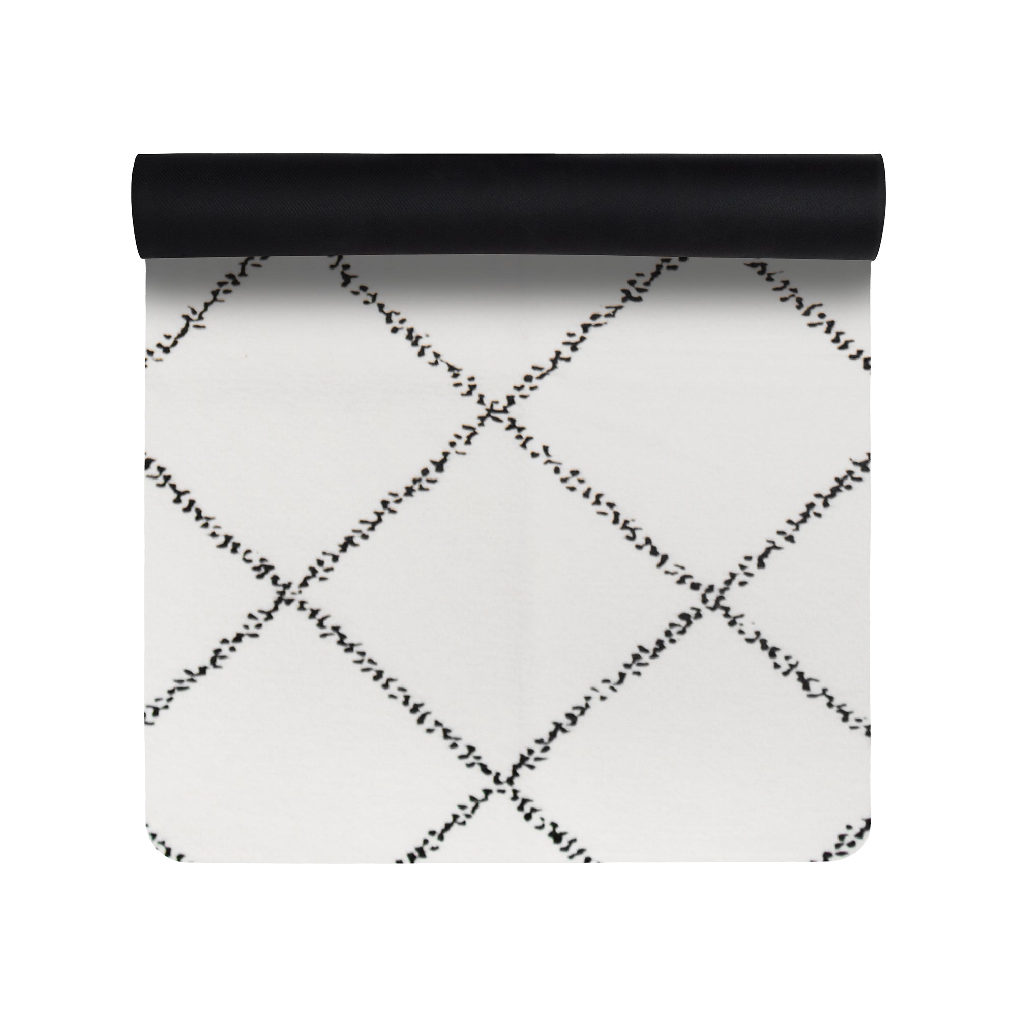 Ivory Moroccan diamond yoga mat with white geometric pattern shown rolled and flat