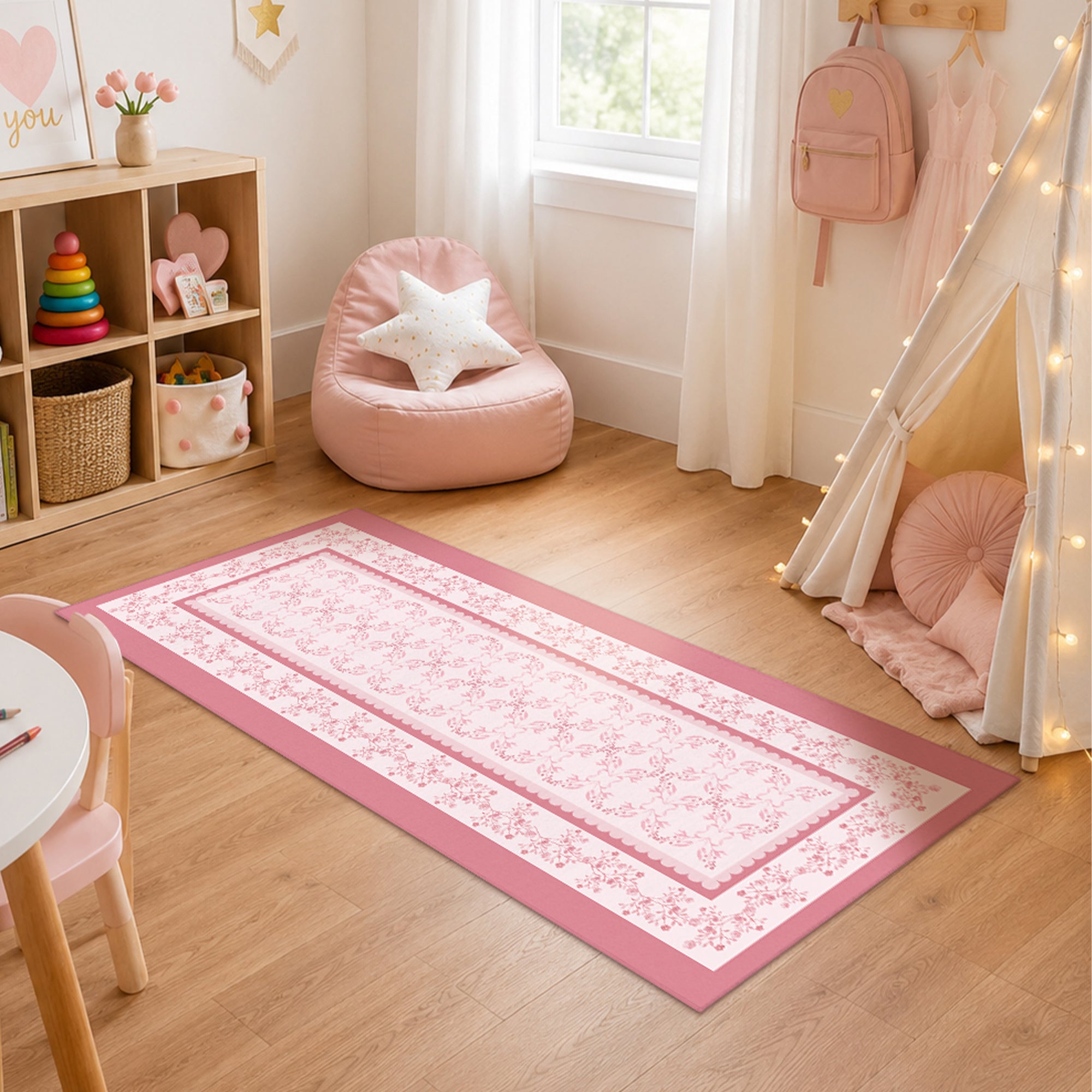 Ellee Bordered Pink Machine Washable Rug