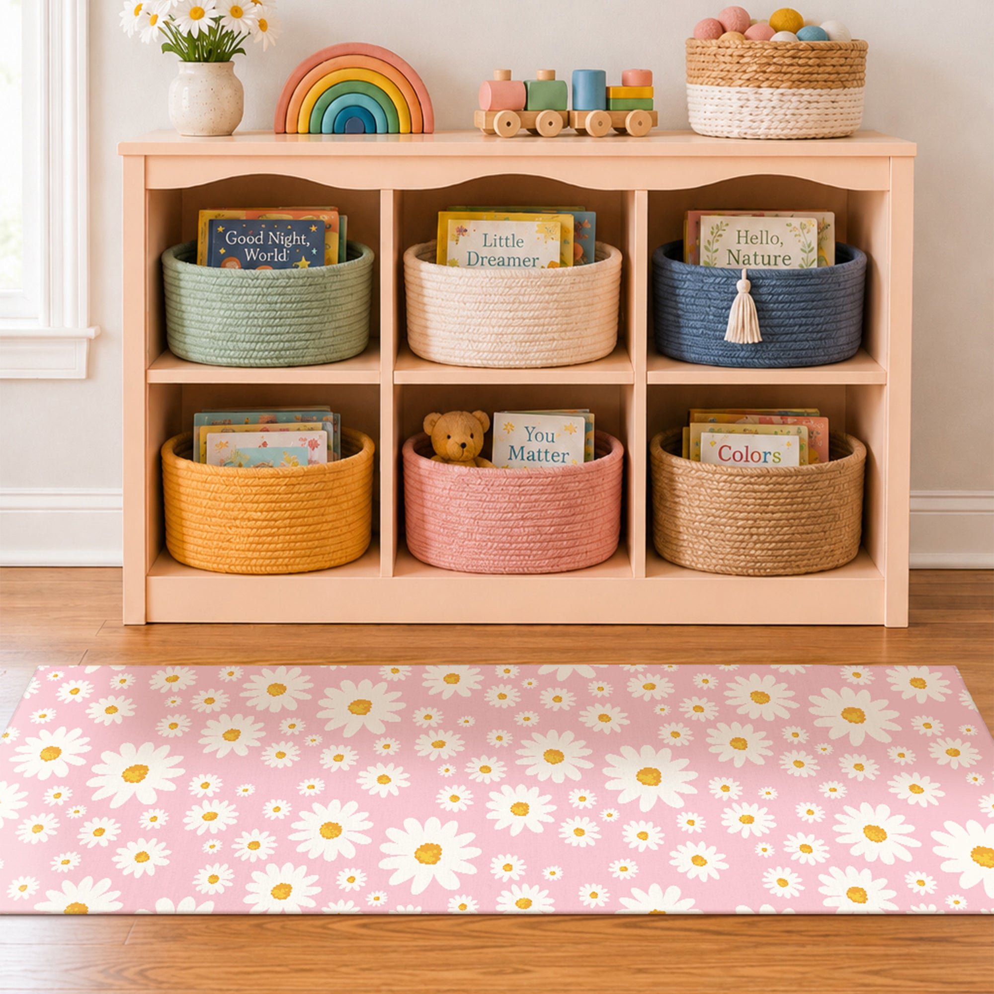 Daisy Meadow Pink Machine Washable Rug