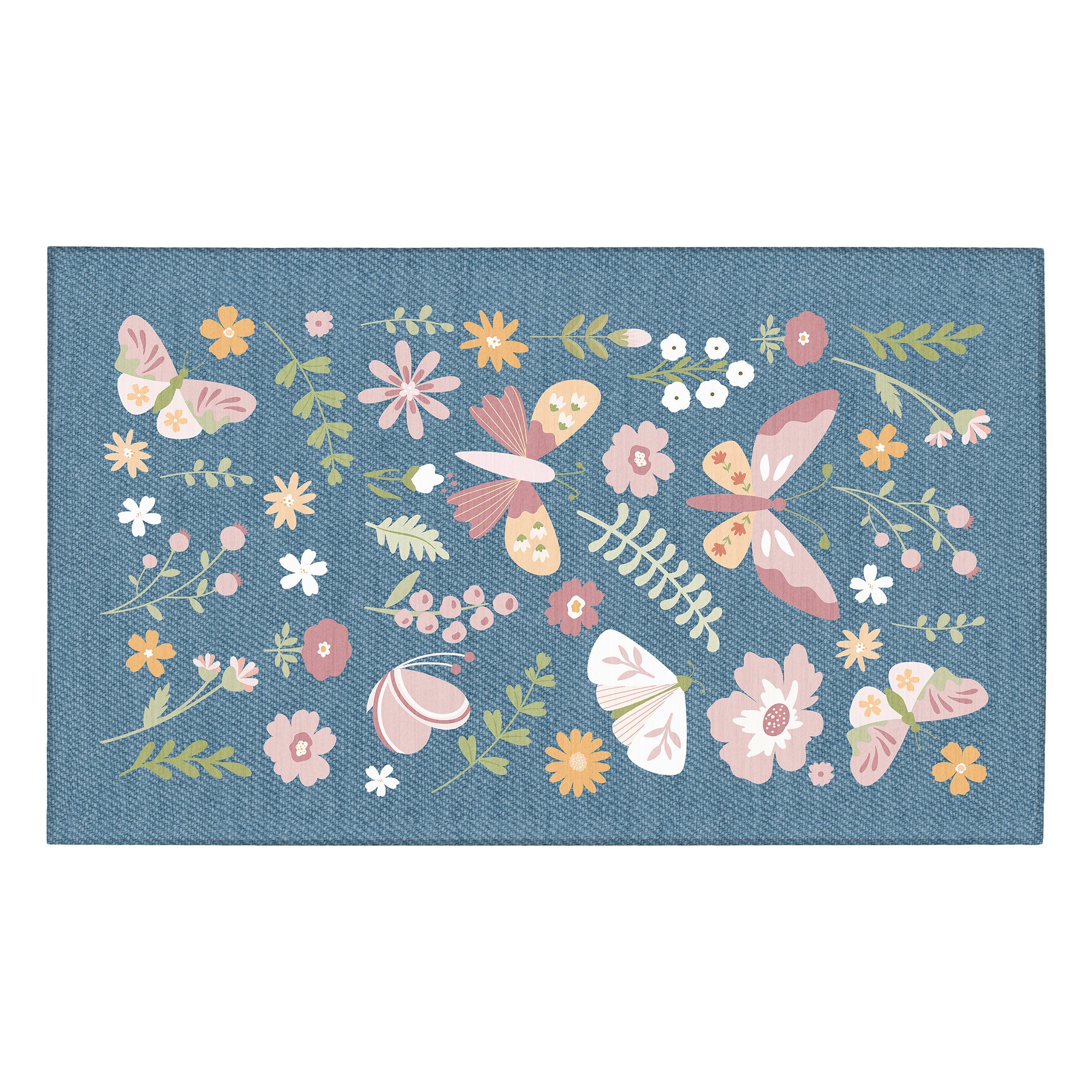 butterflies flowers denim  Machine Washable Rug