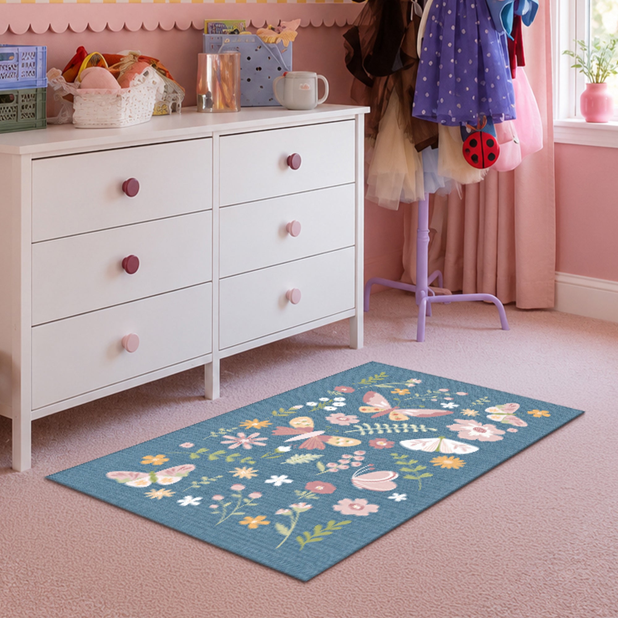 butterflies flowers denim  Machine Washable Rug