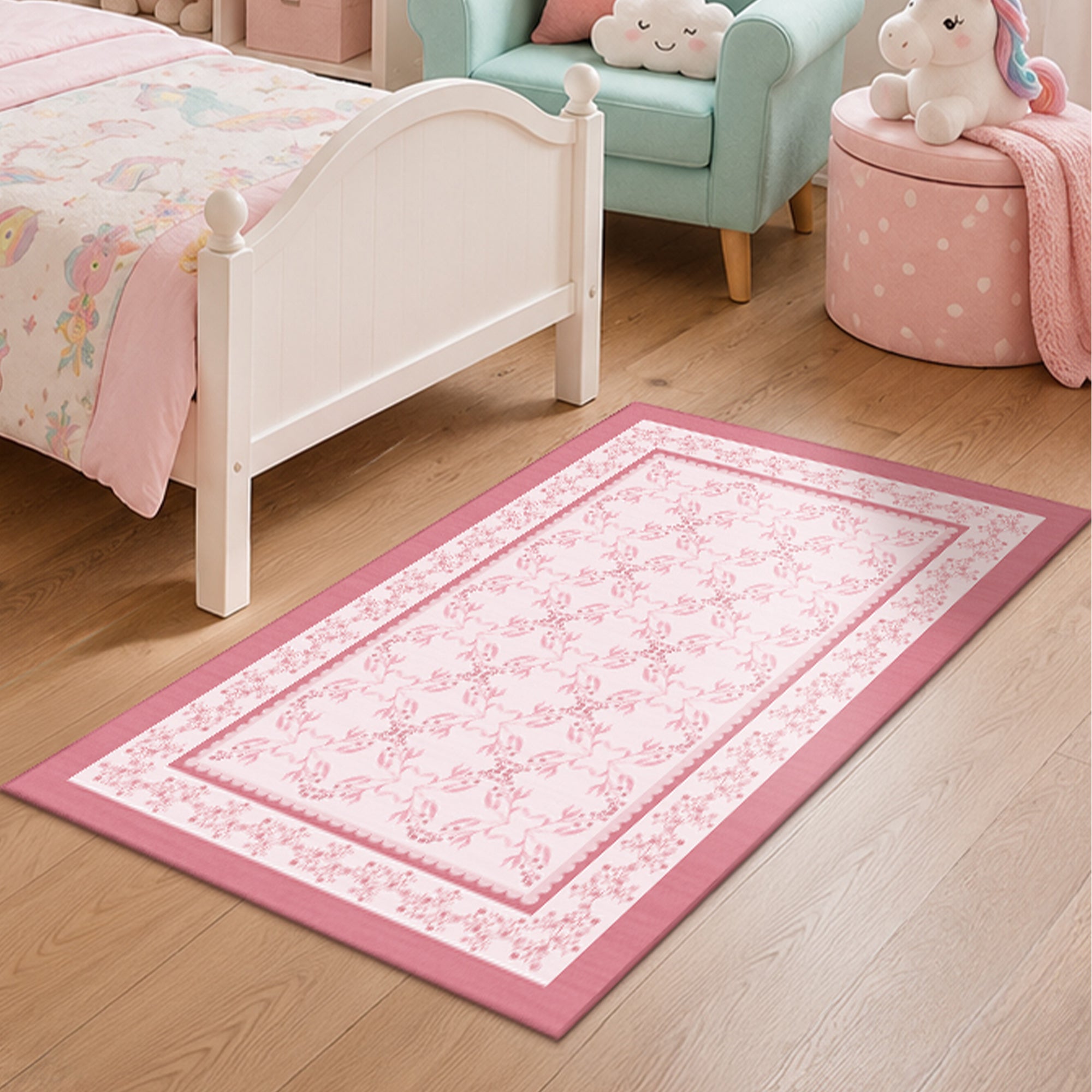 Ellee Bordered Pink Machine Washable Rug