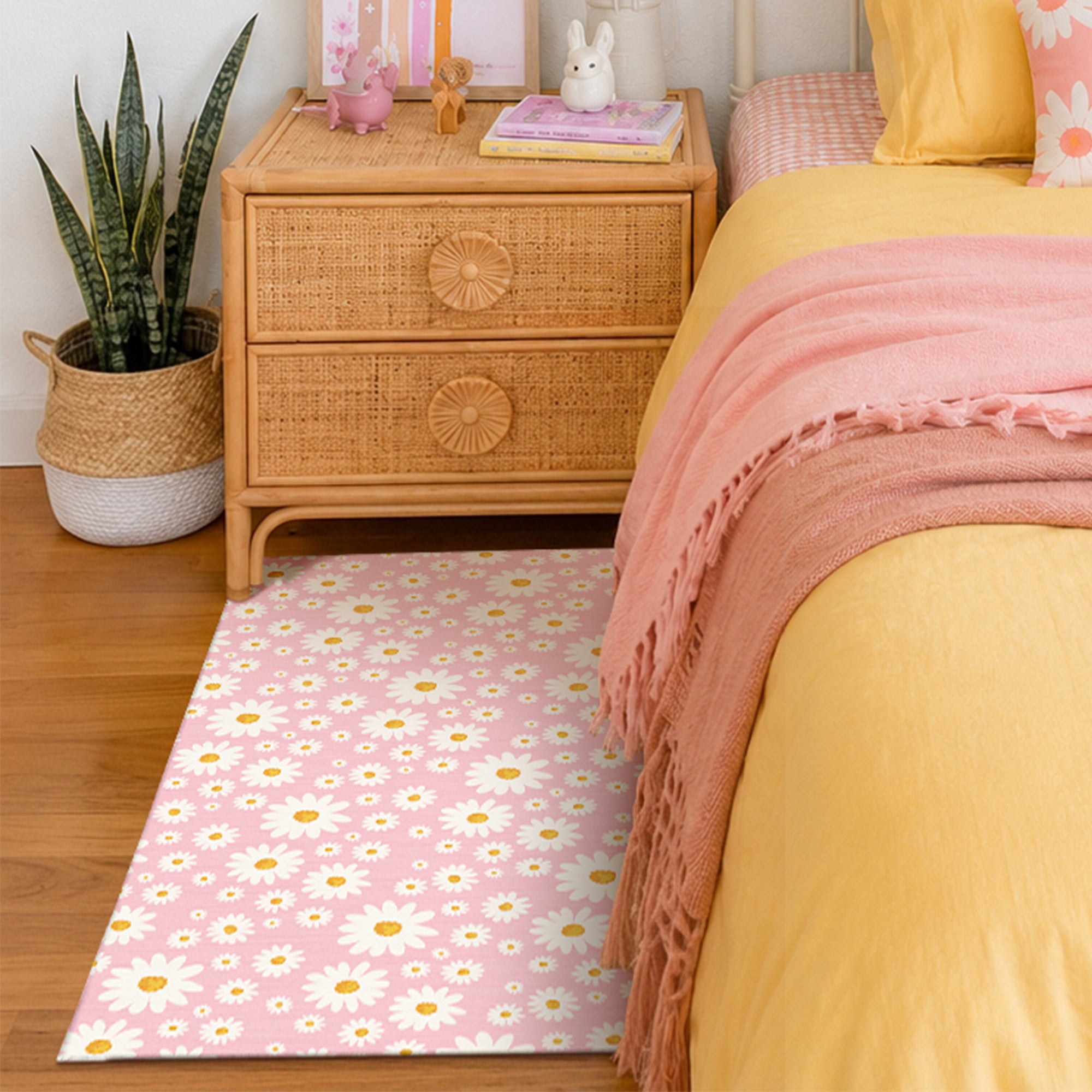 Daisy Meadow Pink Machine Washable Rug