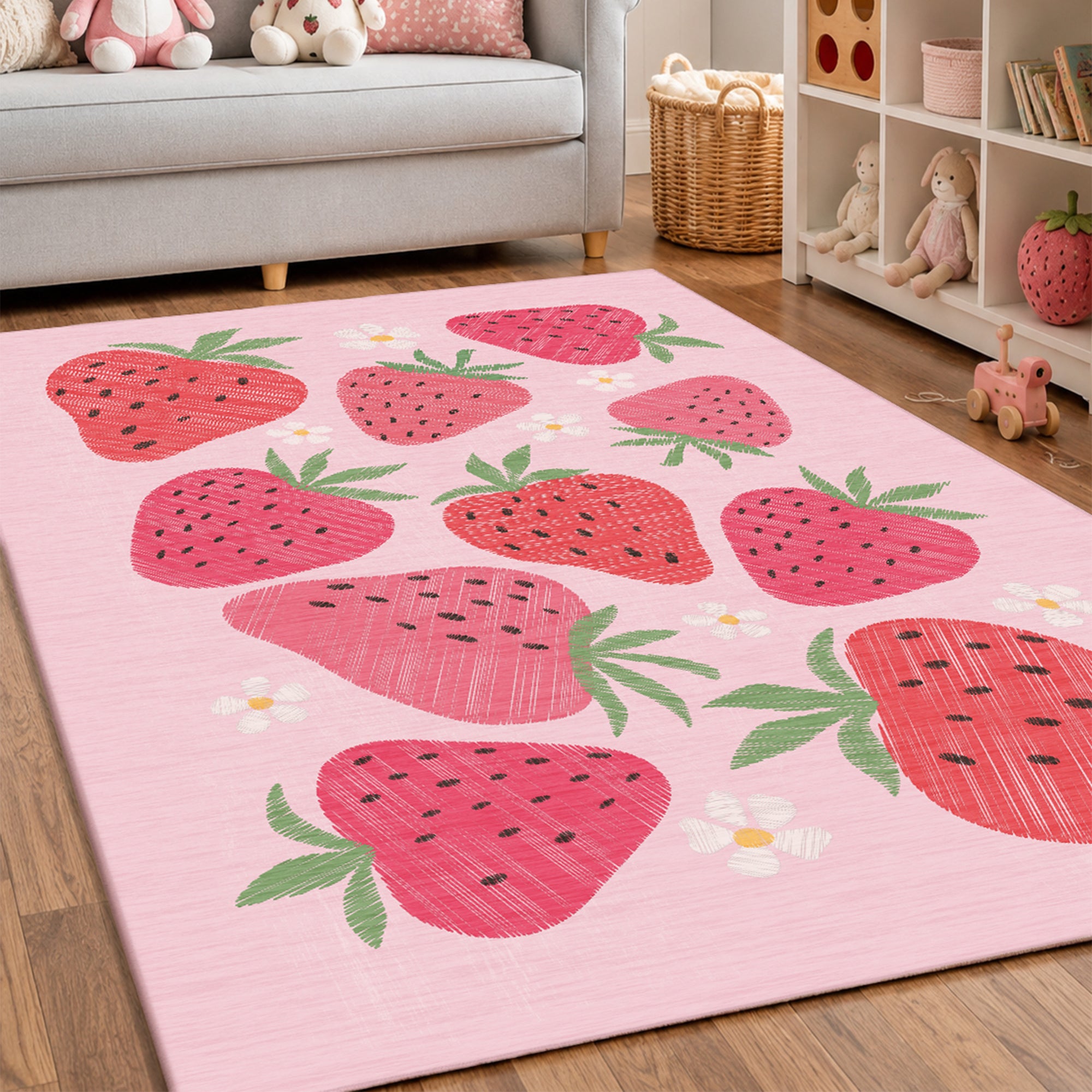 Strawberries and Daisies Machine Washable Rug