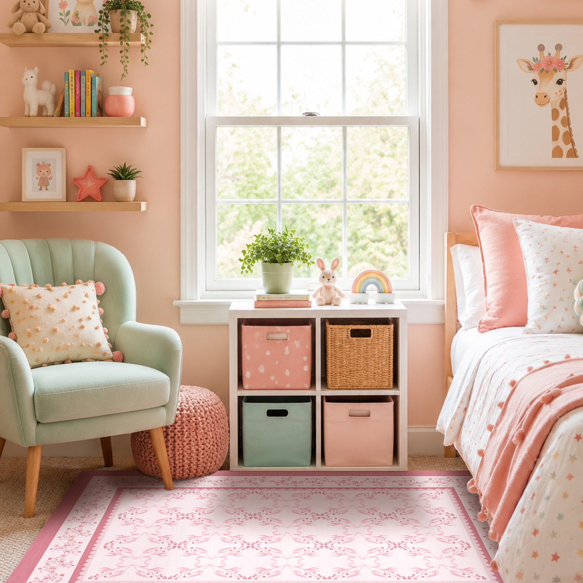 Ellee Bordered Pink Machine Washable Rug
