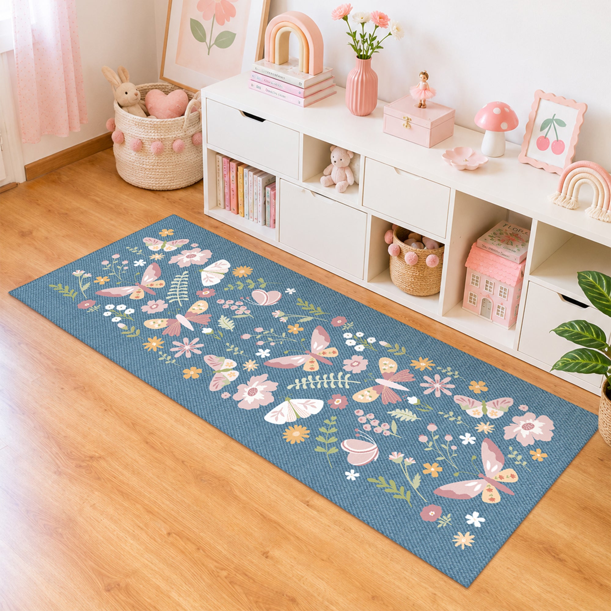 butterflies flowers denim  Machine Washable Rug