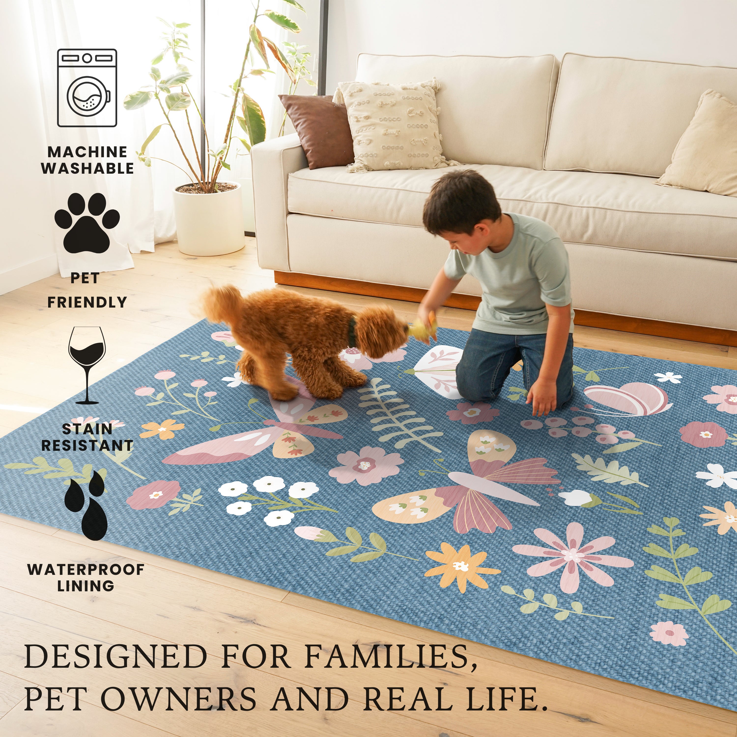 butterflies flowers denim  Machine Washable Rug