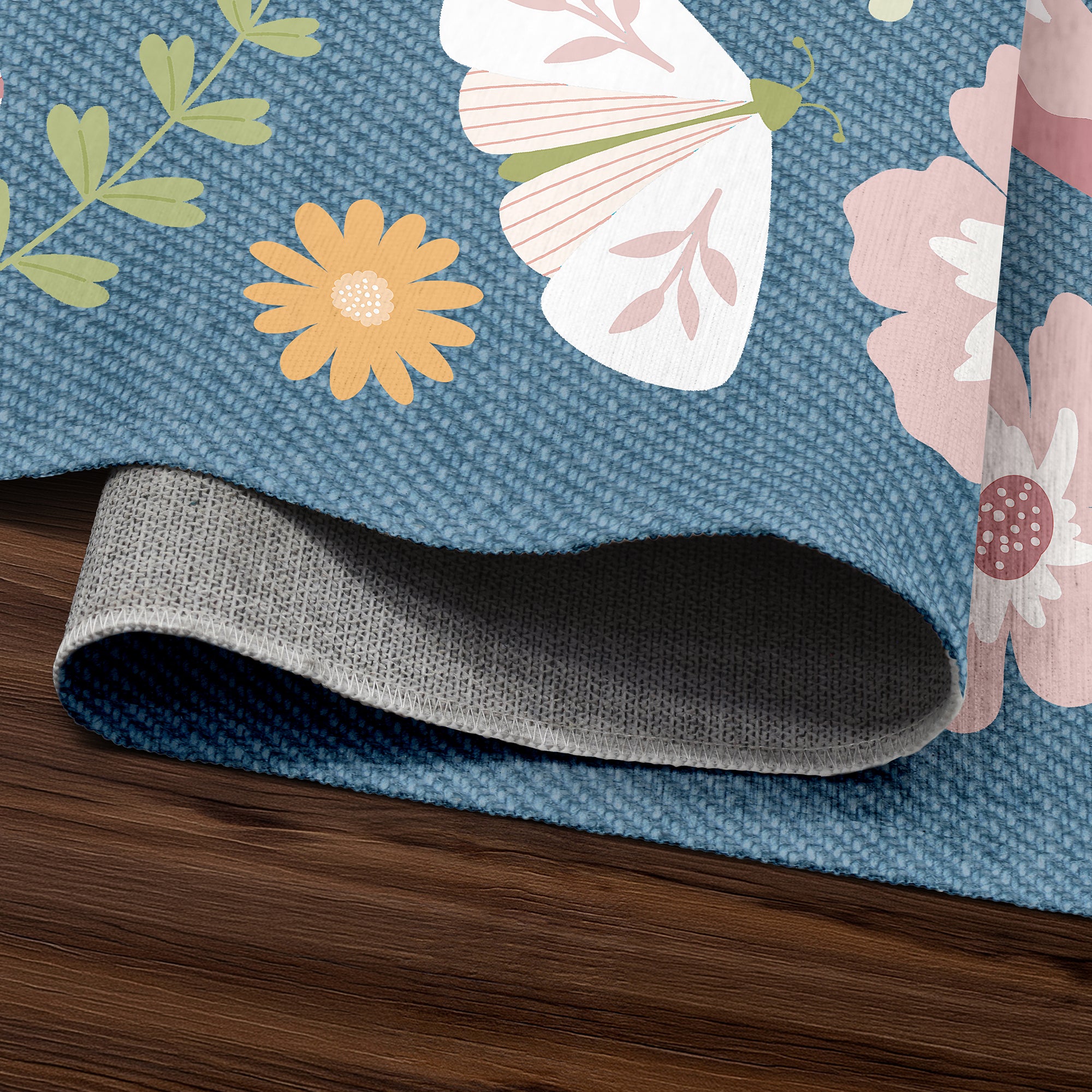 butterflies flowers denim  Machine Washable Rug