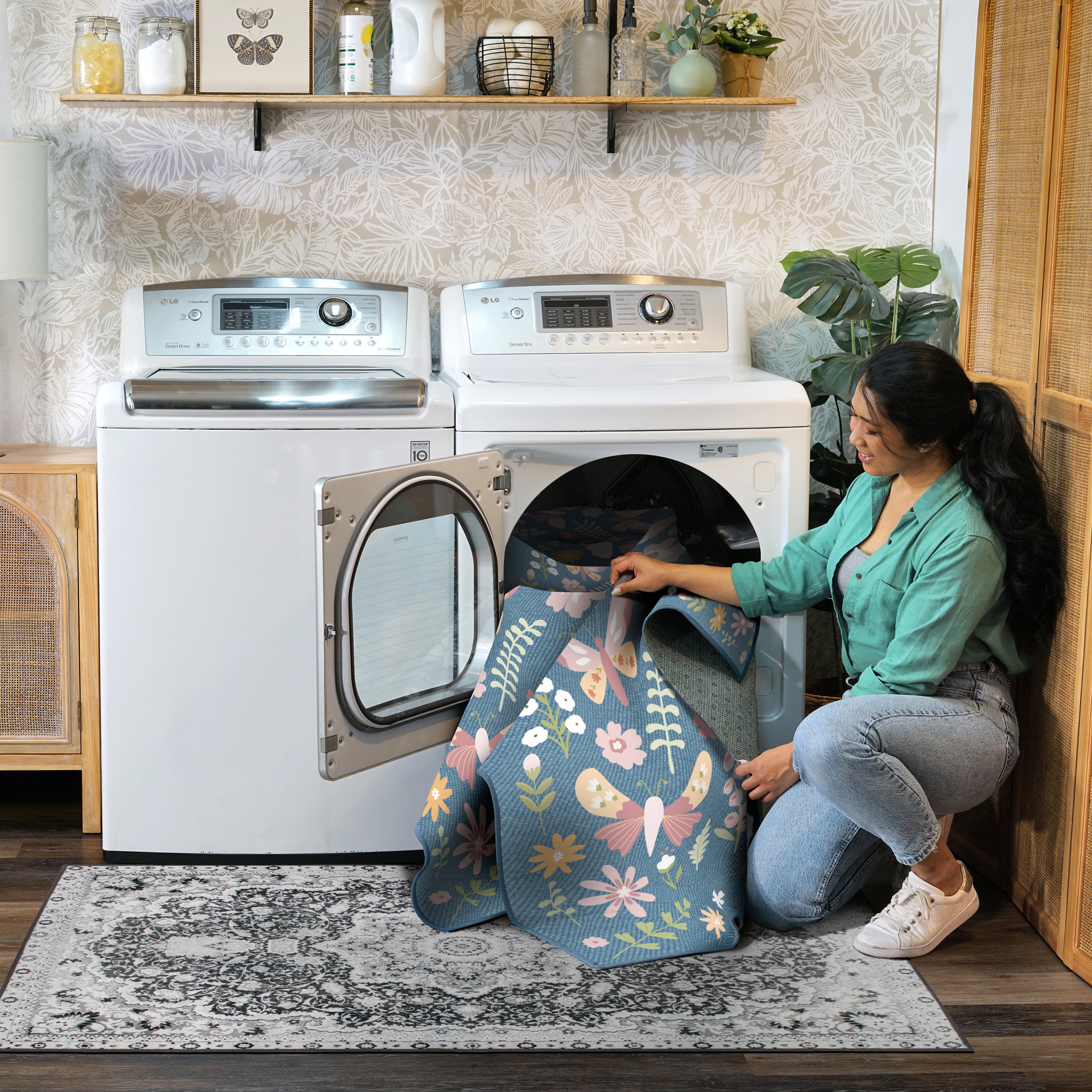 butterflies flowers denim  Machine Washable Rug