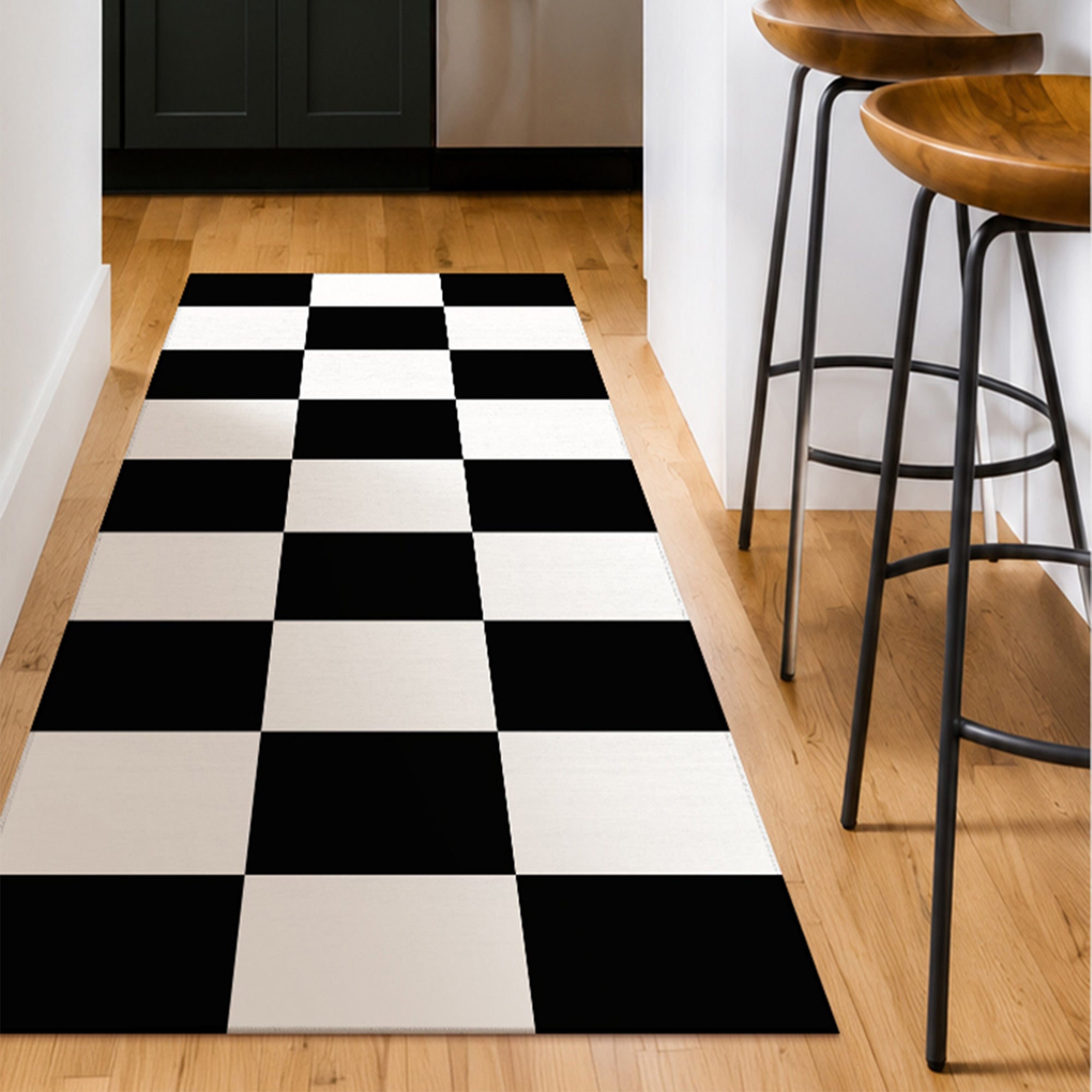Checkered Black White Machine Washable Rug