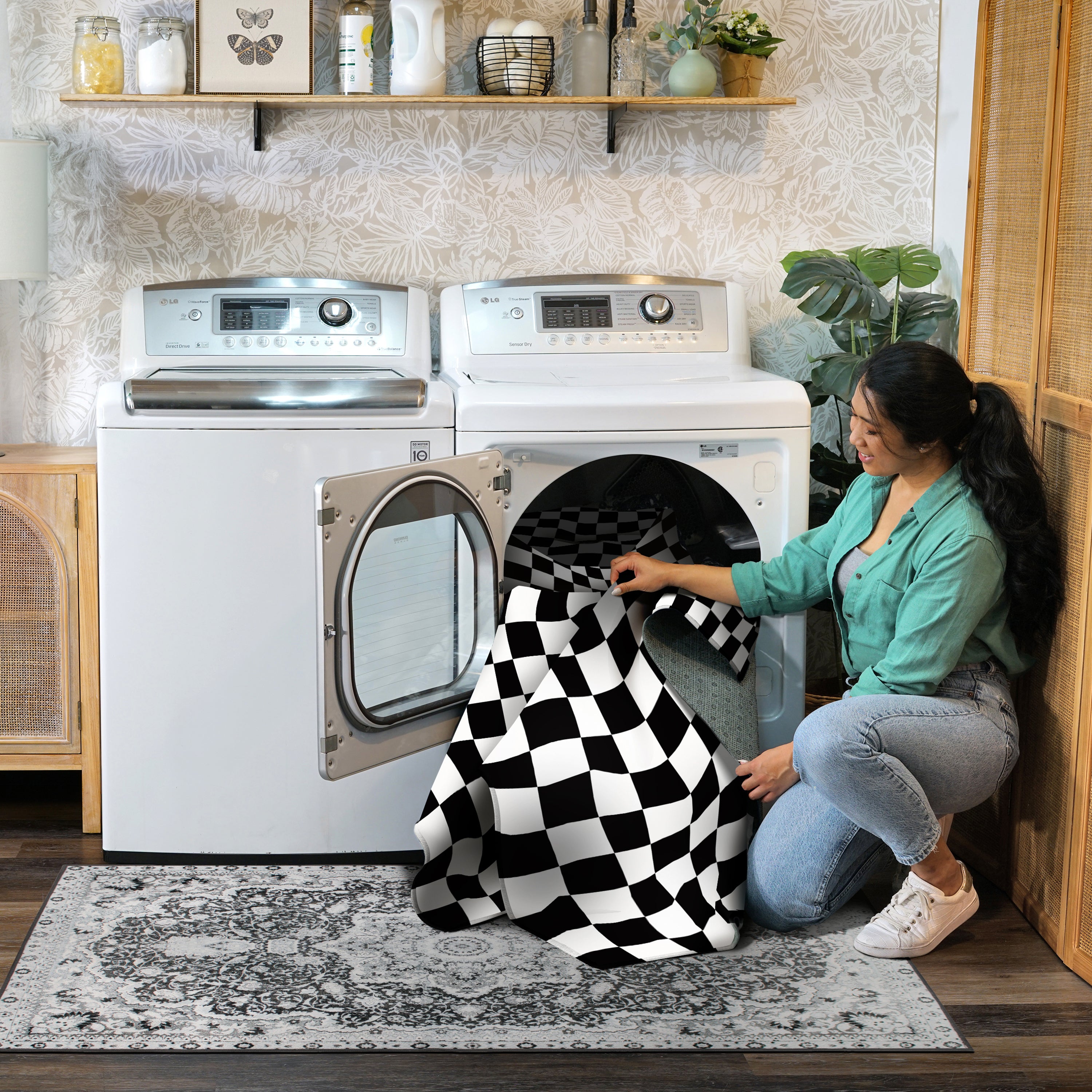 Checkered Black White Machine Washable Rug