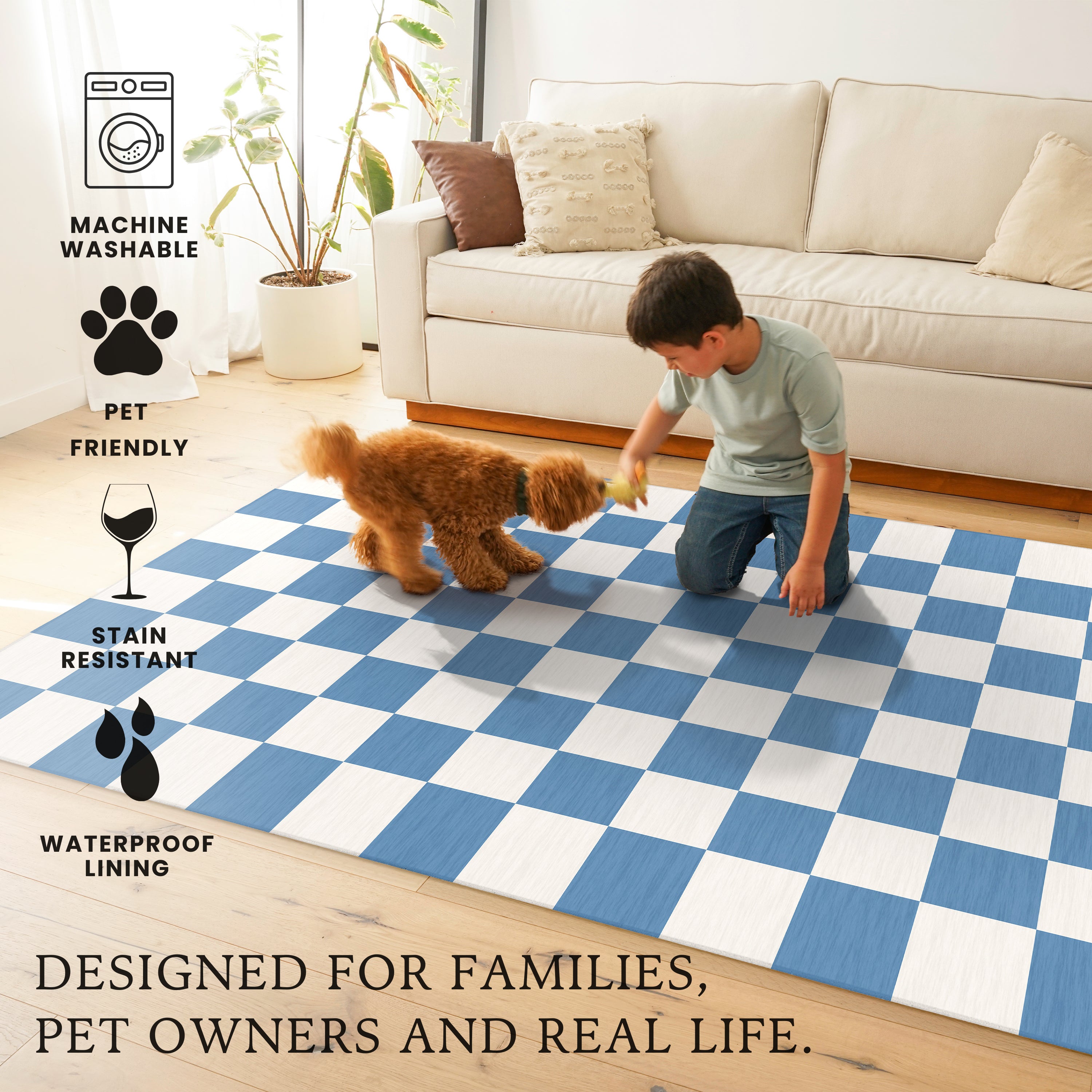 Checkered Blue White Machine Washable Rug