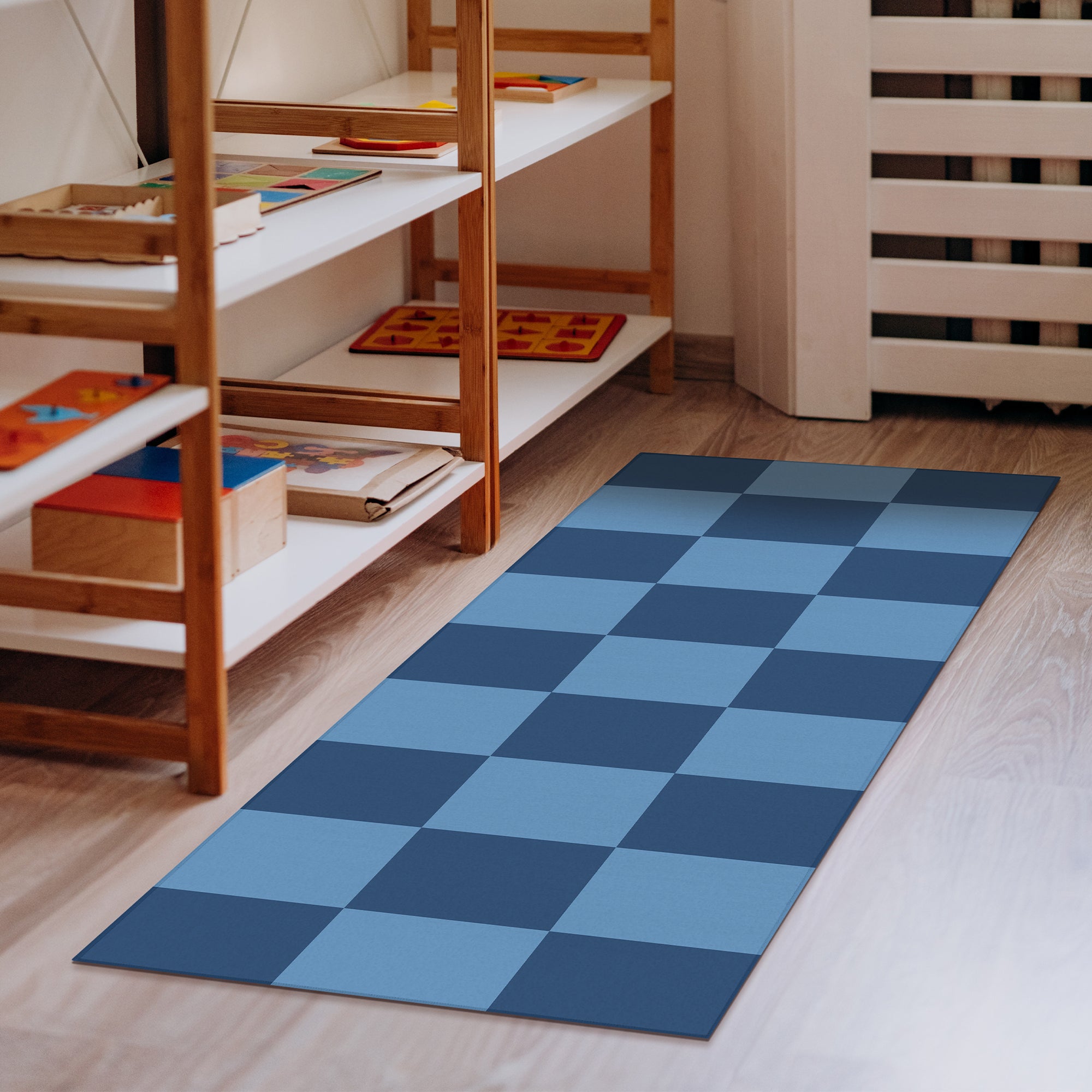 Checkered Blue Machine Washable Rug