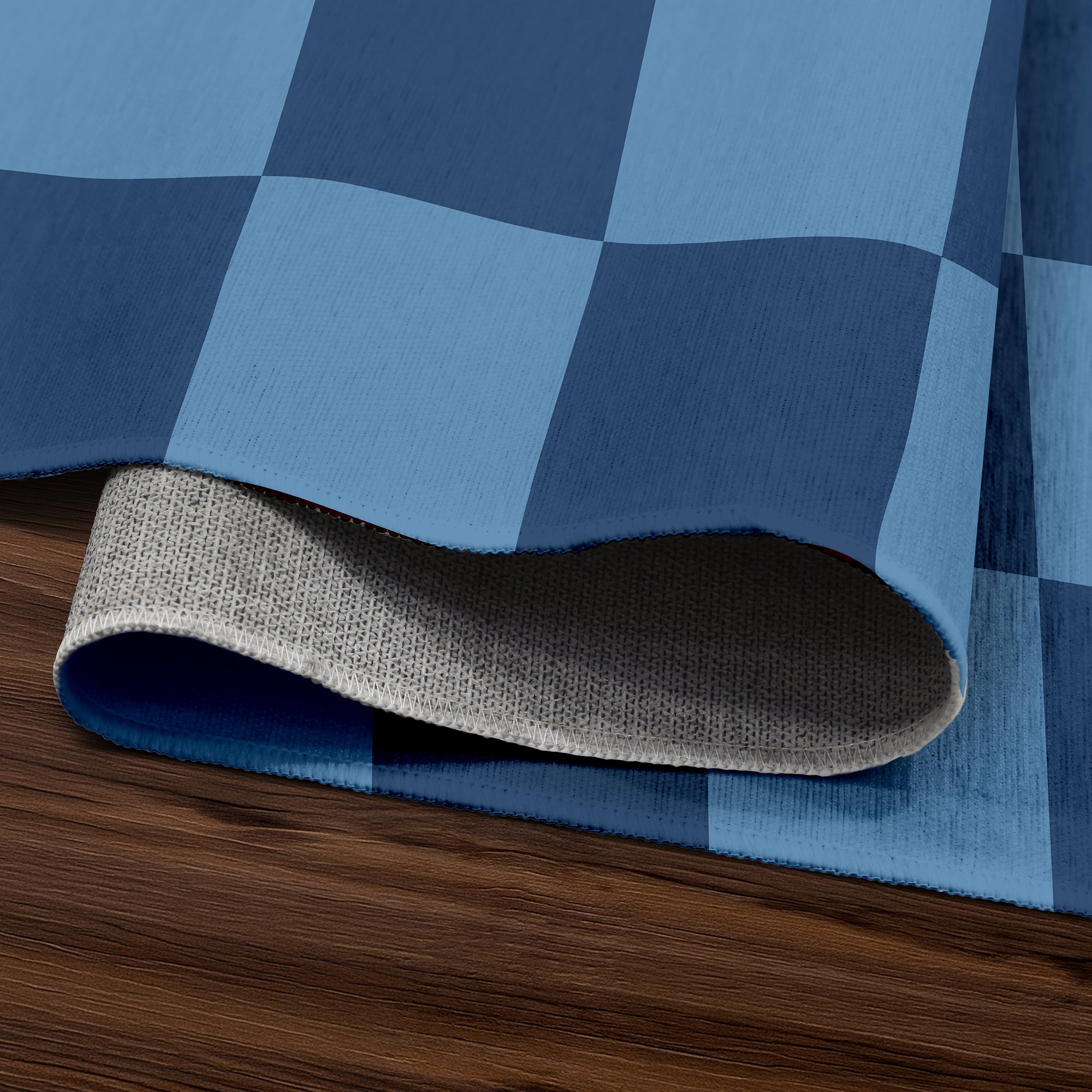 Checkered Blue Machine Washable Rug