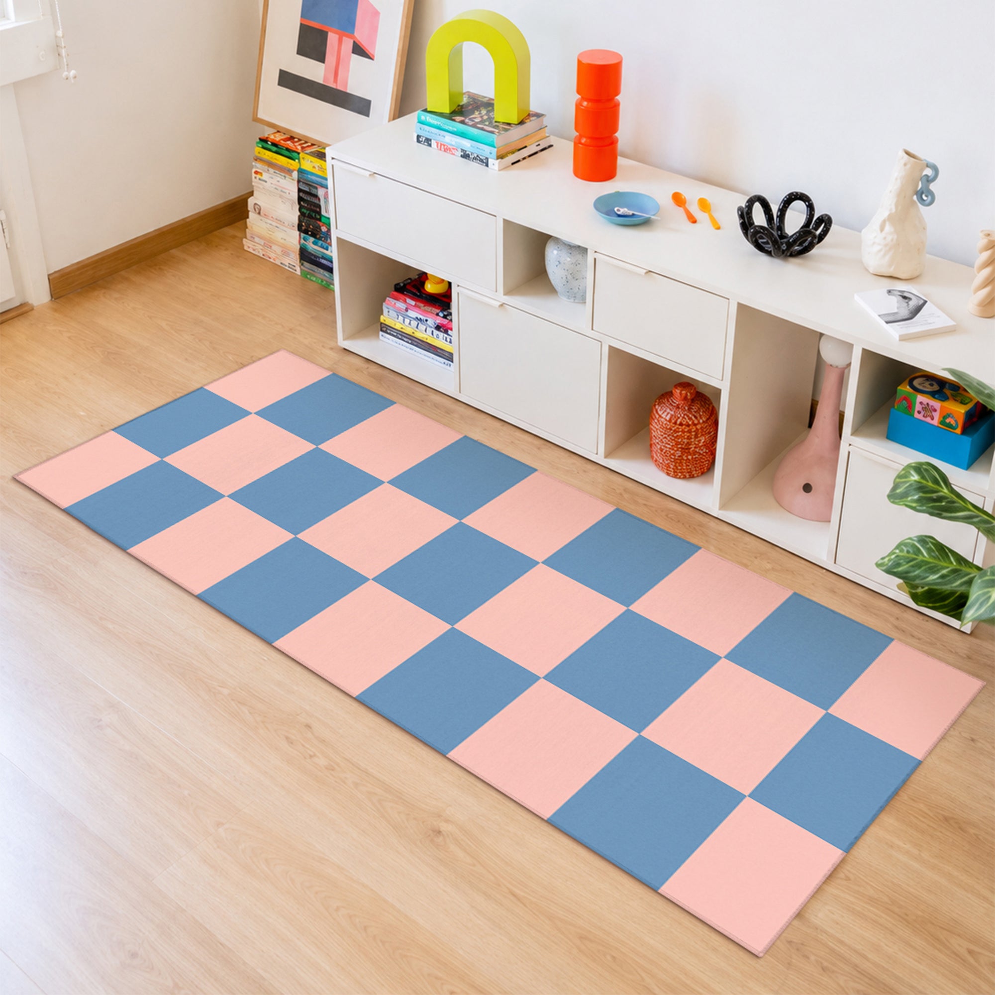Checkered Blue Pink Machine Washable Rug