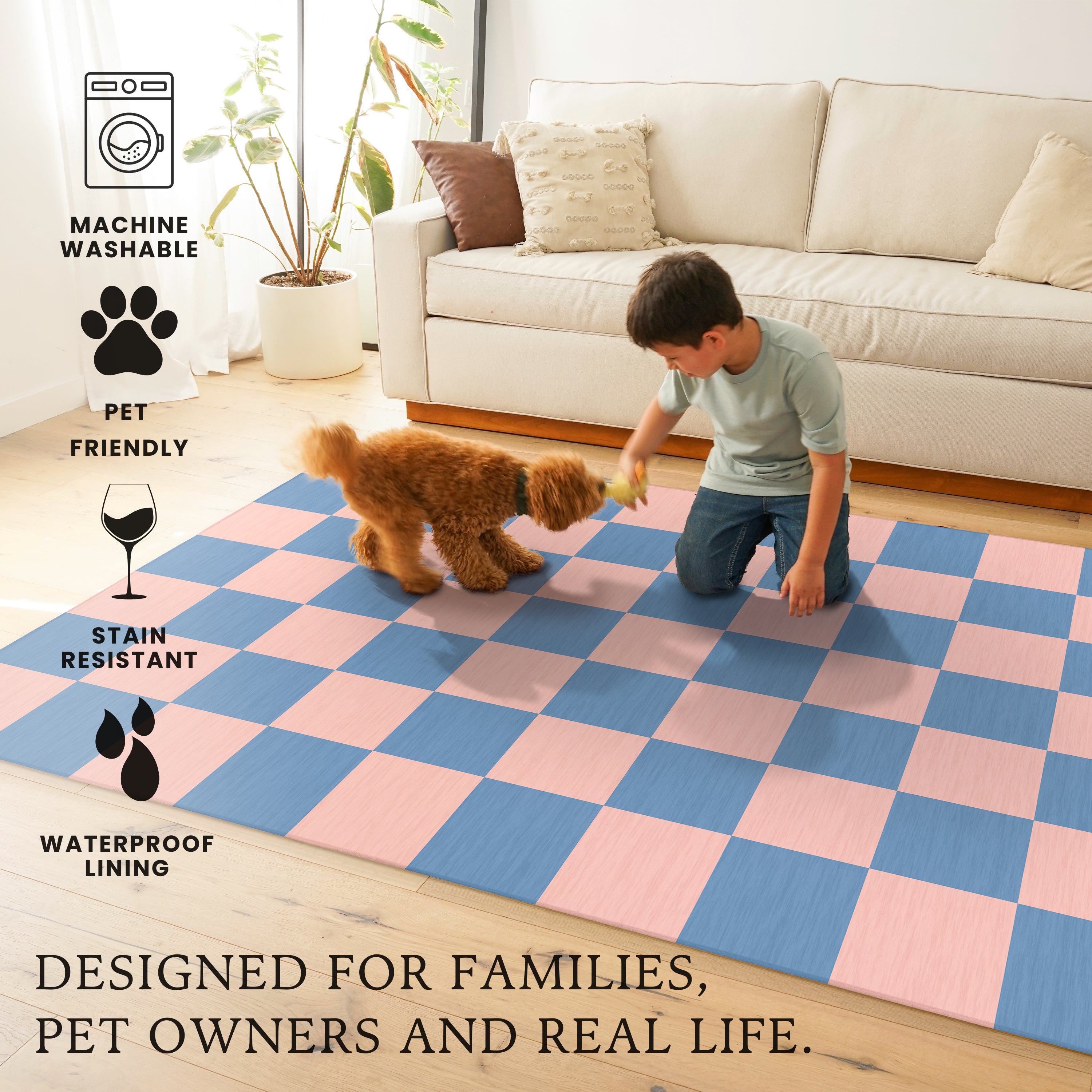 Checkered Blue Pink Machine Washable Rug