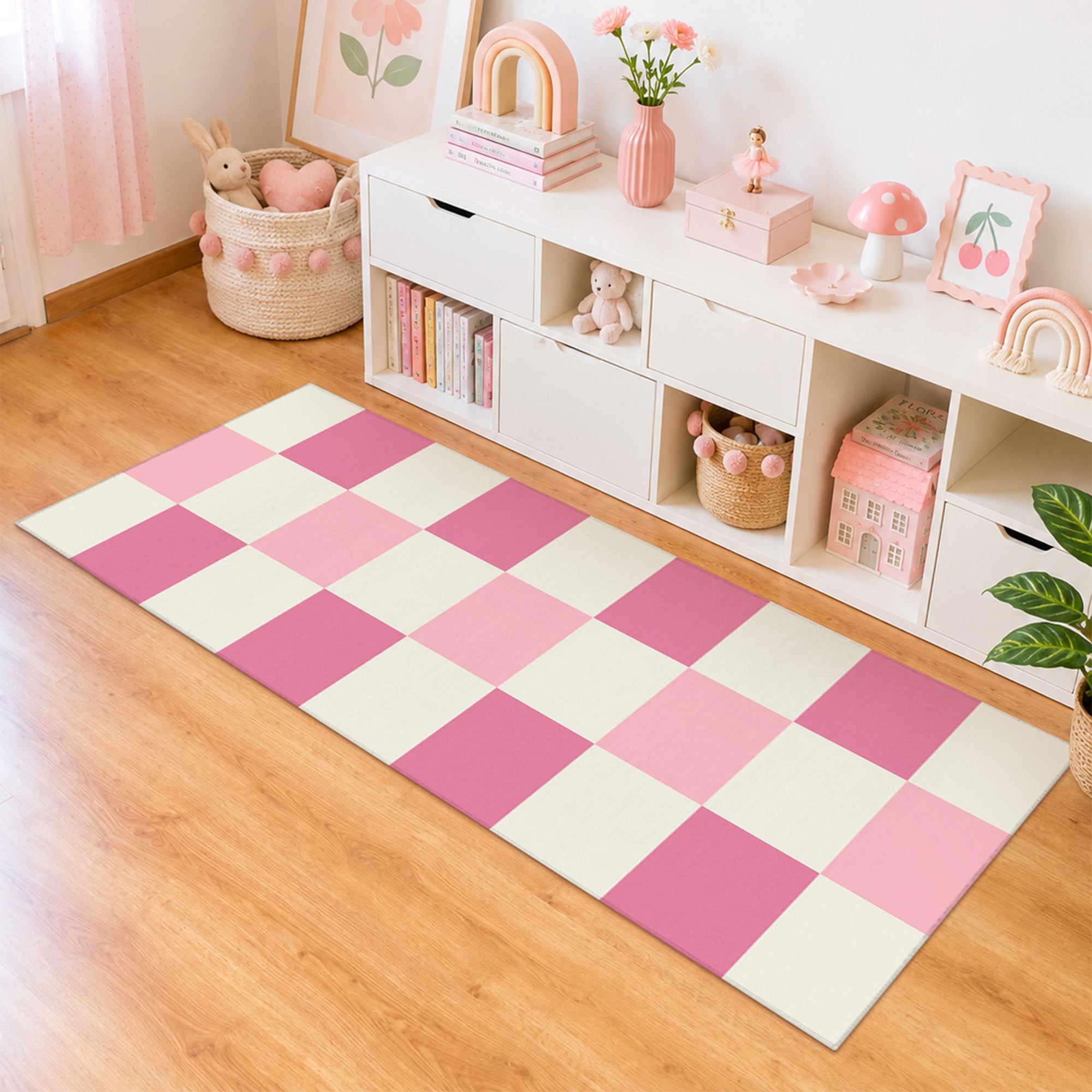 Checkered Pink Machine Washable Rug
